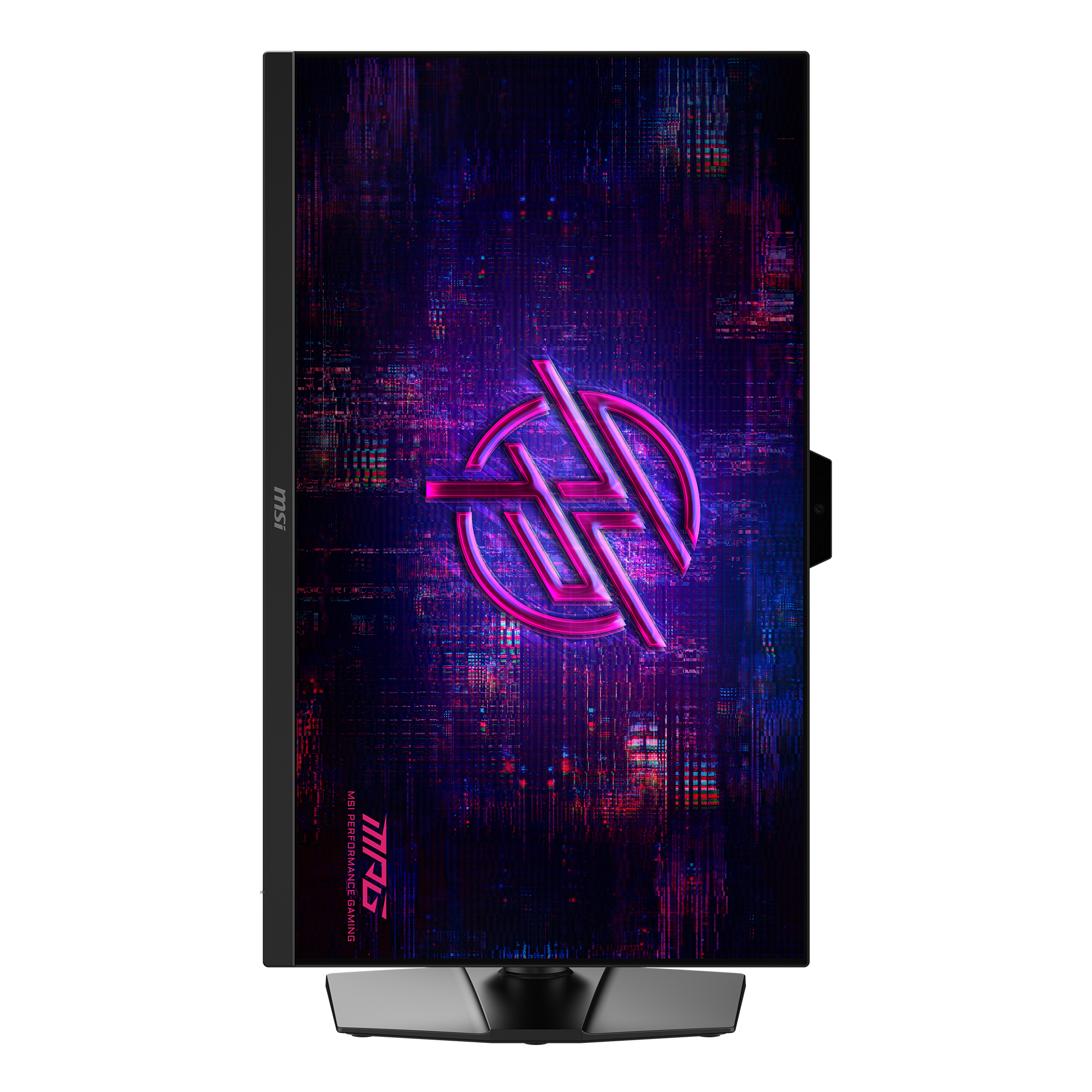Ein Gaming-Monitor mit einem neonfarbenen Logo auf einem violetten, digitalen Hintergrund.