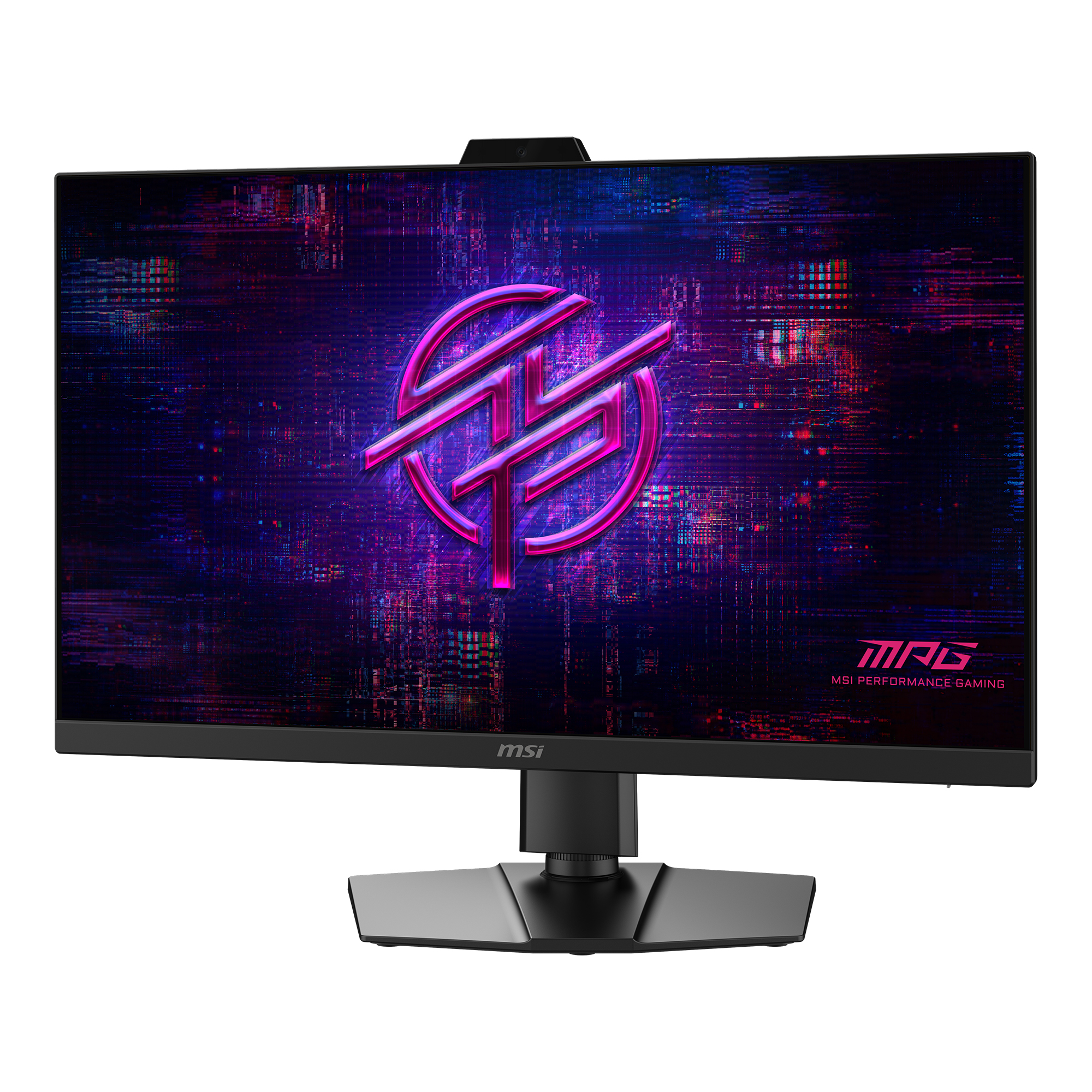 Ein schwarzer MSI Gaming-Monitor mit lila und blauen abstrakten Bildern.