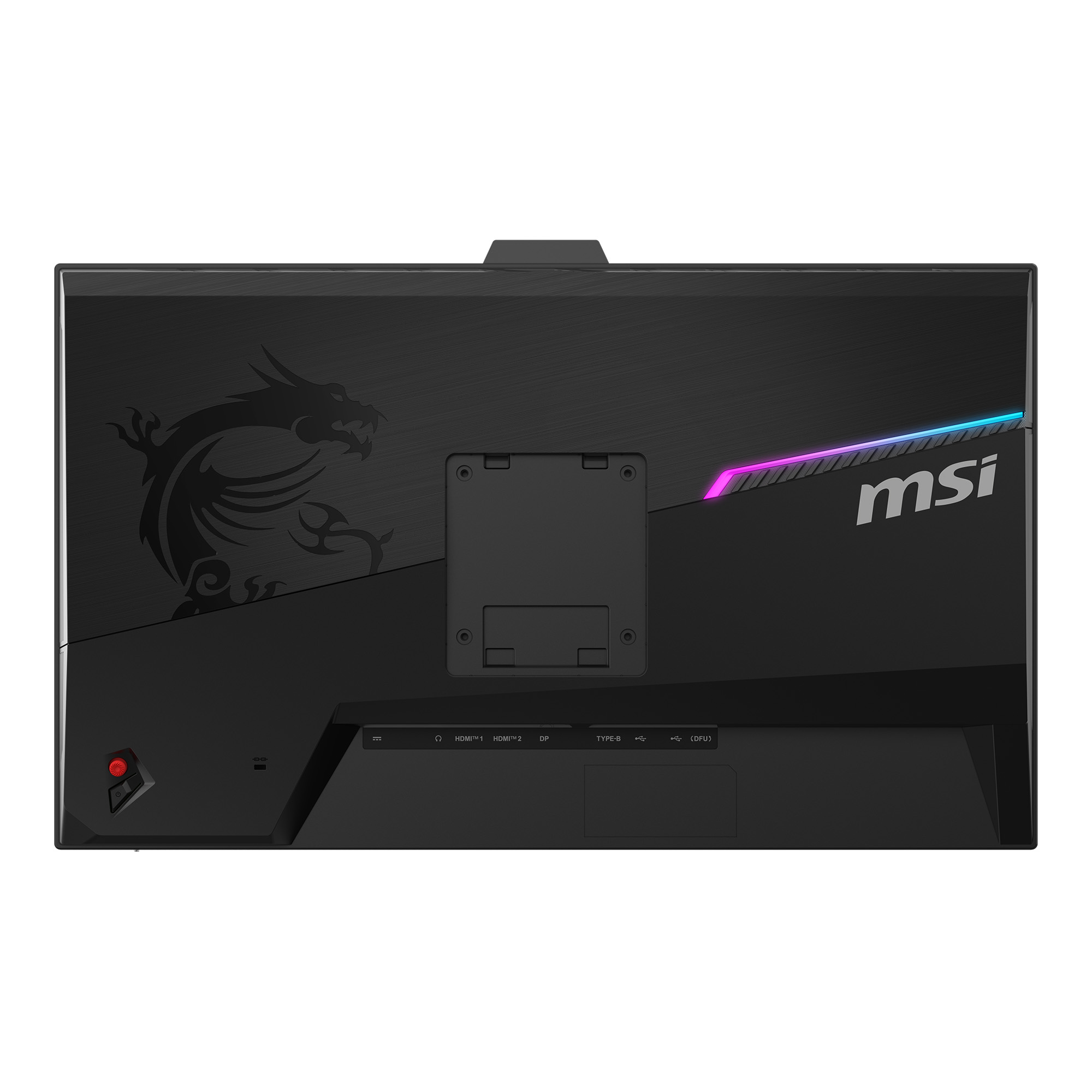 Rückseite eines schwarzen MSI-Monitors mit Drachenlogo, RGB-Beleuchtung und Anschlüssen.