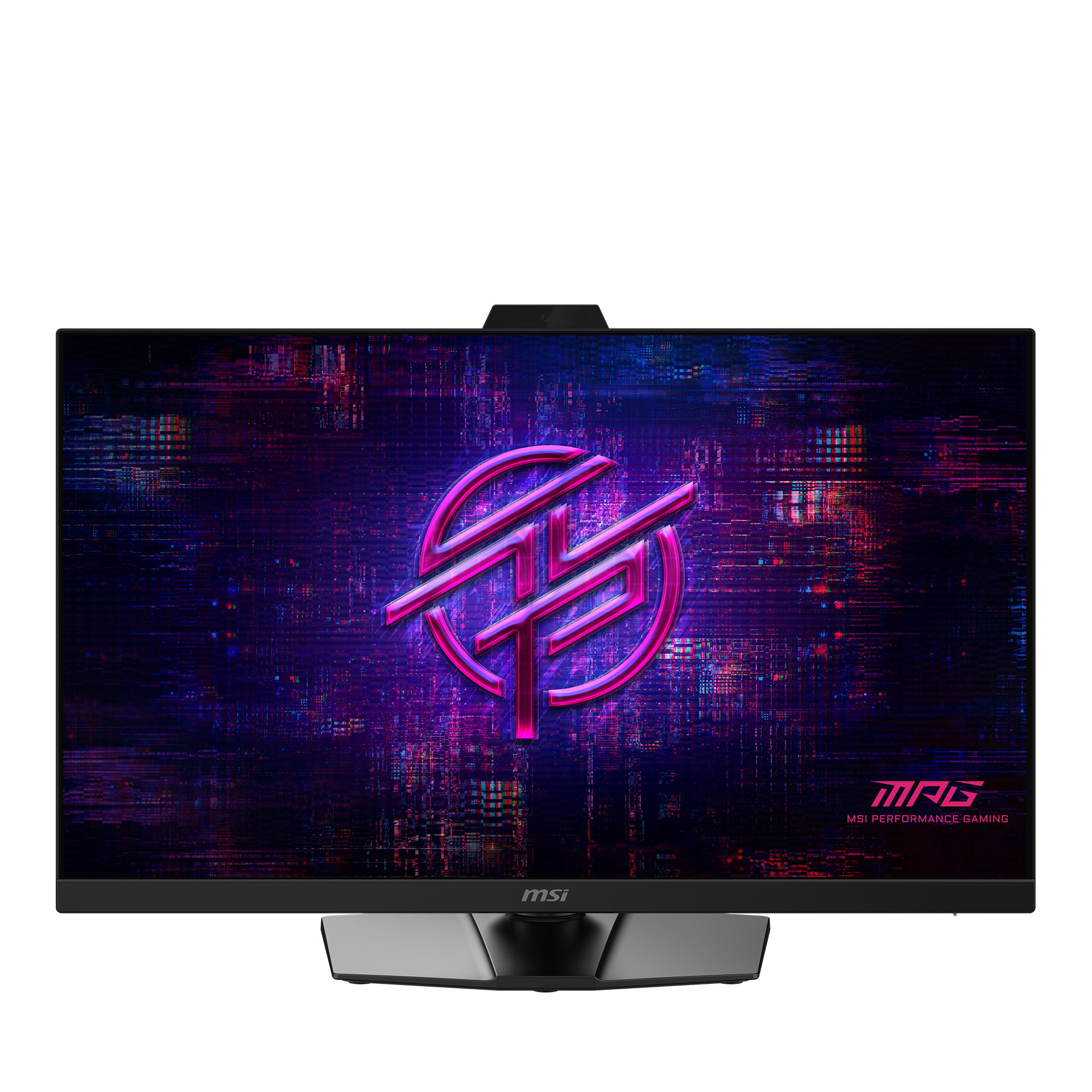 Ein Gaming-Monitor mit einem neonpinken Logo auf einem abstrakten Hintergrund.