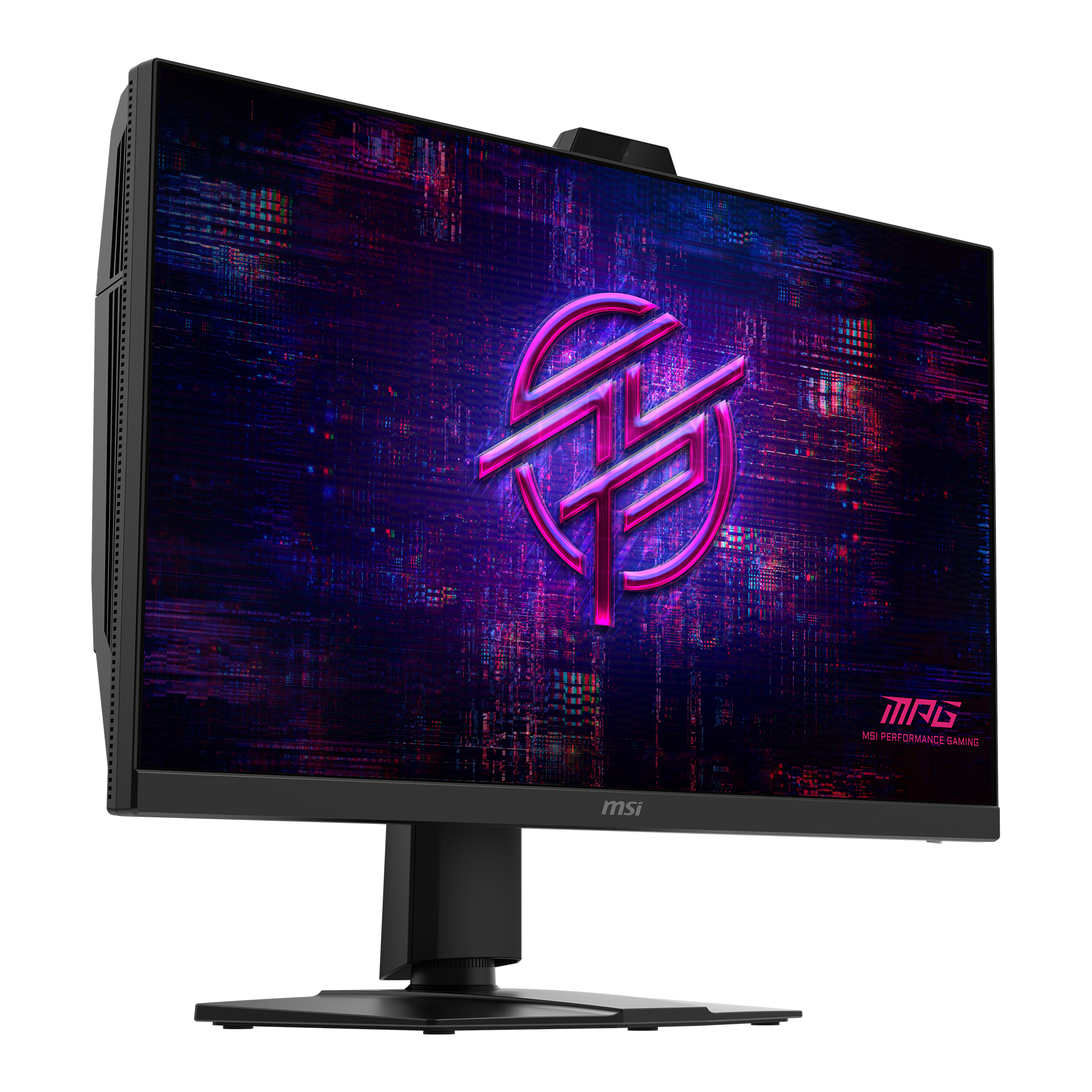 Ein schwarzer Gaming-Monitor mit einem stilisierten Logo und einem digitalen Hintergrund.