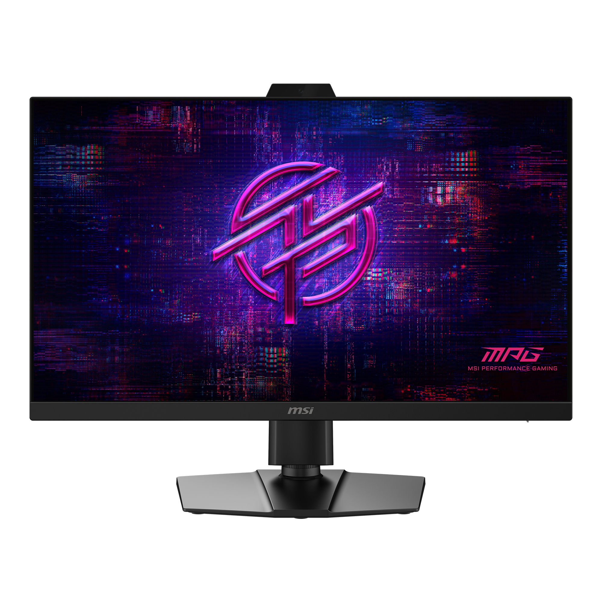 Ein schwarzer MSI Gaming-Monitor mit einem neonpinken Logo und einem abstrakten Hintergrund.