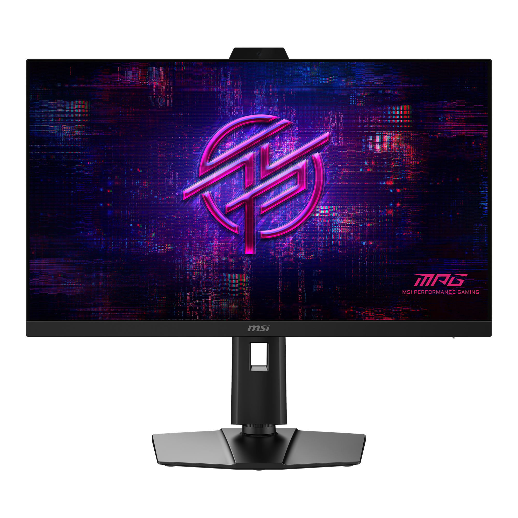 Ein schwarzer MSI Gaming-Monitor mit einem stilisierten Logo und einem Hintergrund im Glitch-Stil.