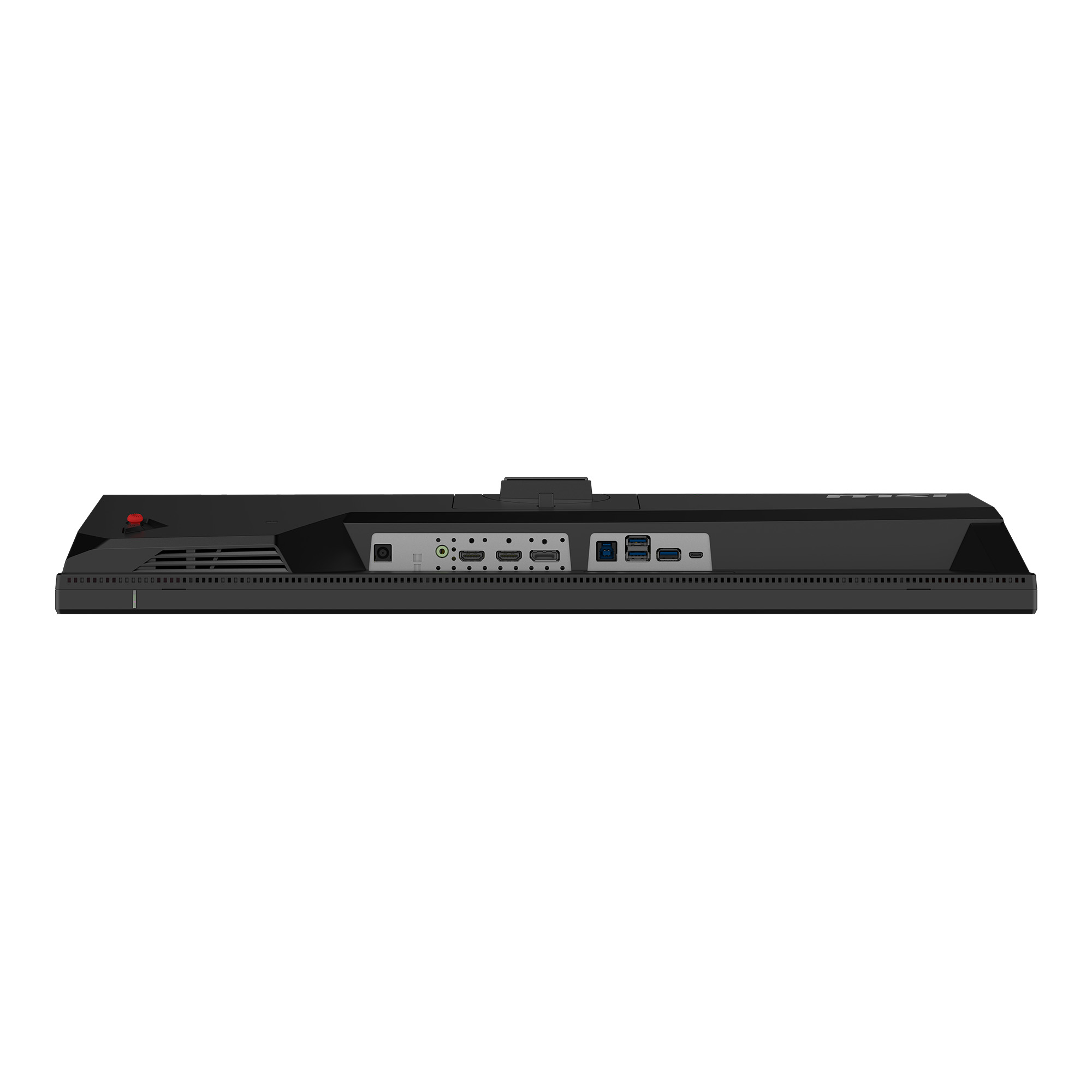 Rückseite eines schwarzen Monitors mit Anschlüssen wie HDMI, USB und Strom.