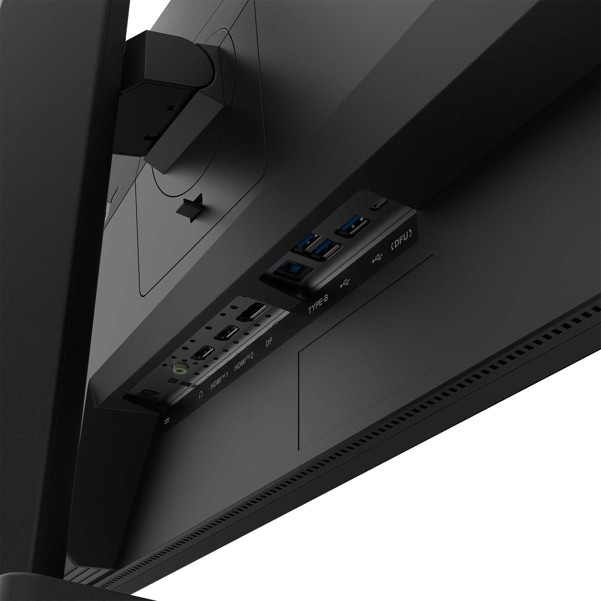 Rückseite eines Monitors mit Anschlüssen: USB, HDMI, DP und Audiobuchse.
