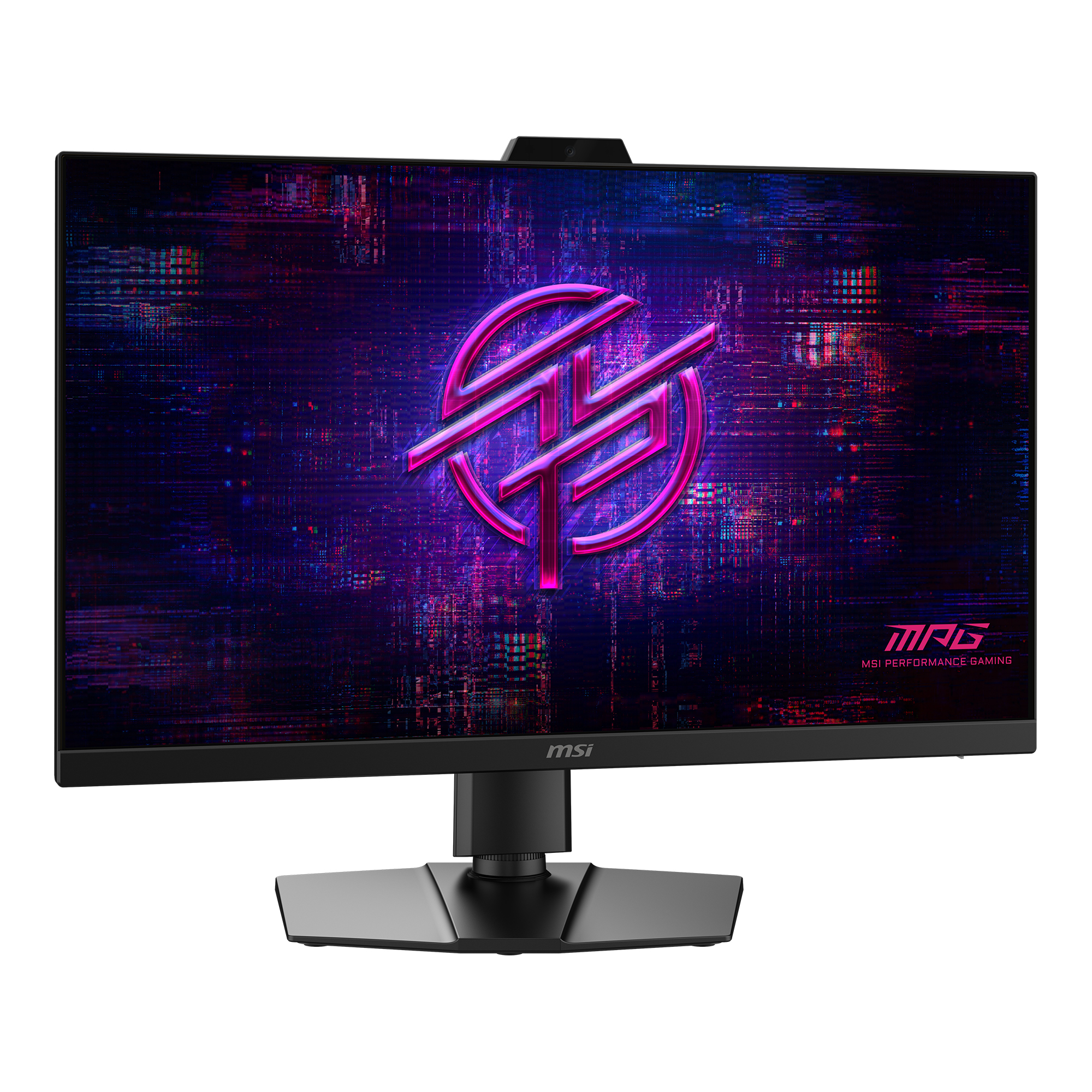Ein schwarzer MSI Gaming-Monitor mit einem futuristischen, lila-blauen Hintergrund und einem großen, neonpinken Logo.