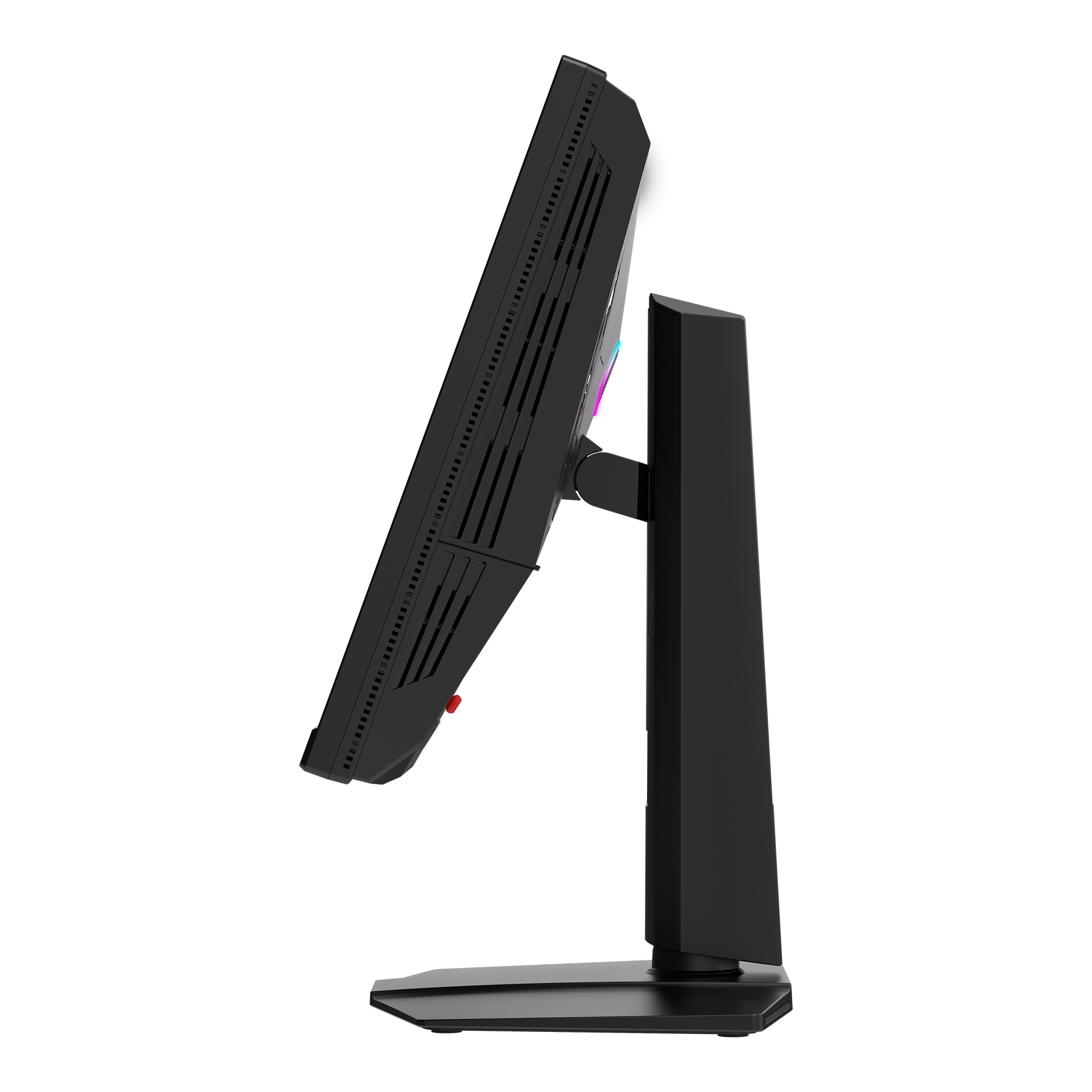 Schwarzer Monitor mit RGB-Beleuchtung auf einem stabilen Ständer, von der Seite gesehen.