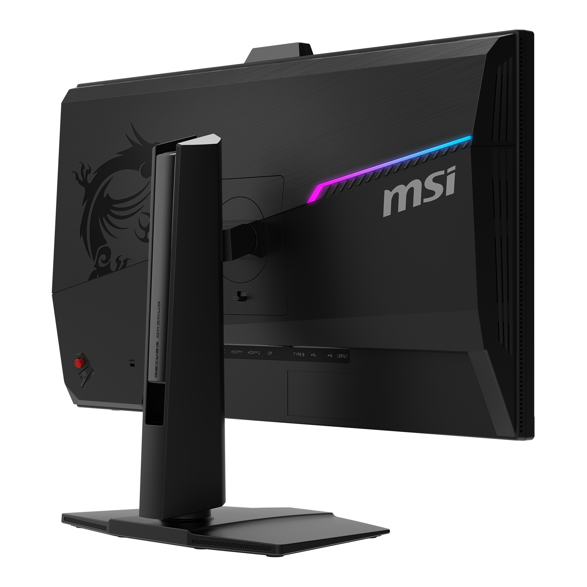 Rückseite eines schwarzen MSI Monitors mit Drachenlogo, RGB-Beleuchtung und Anschlüssen.