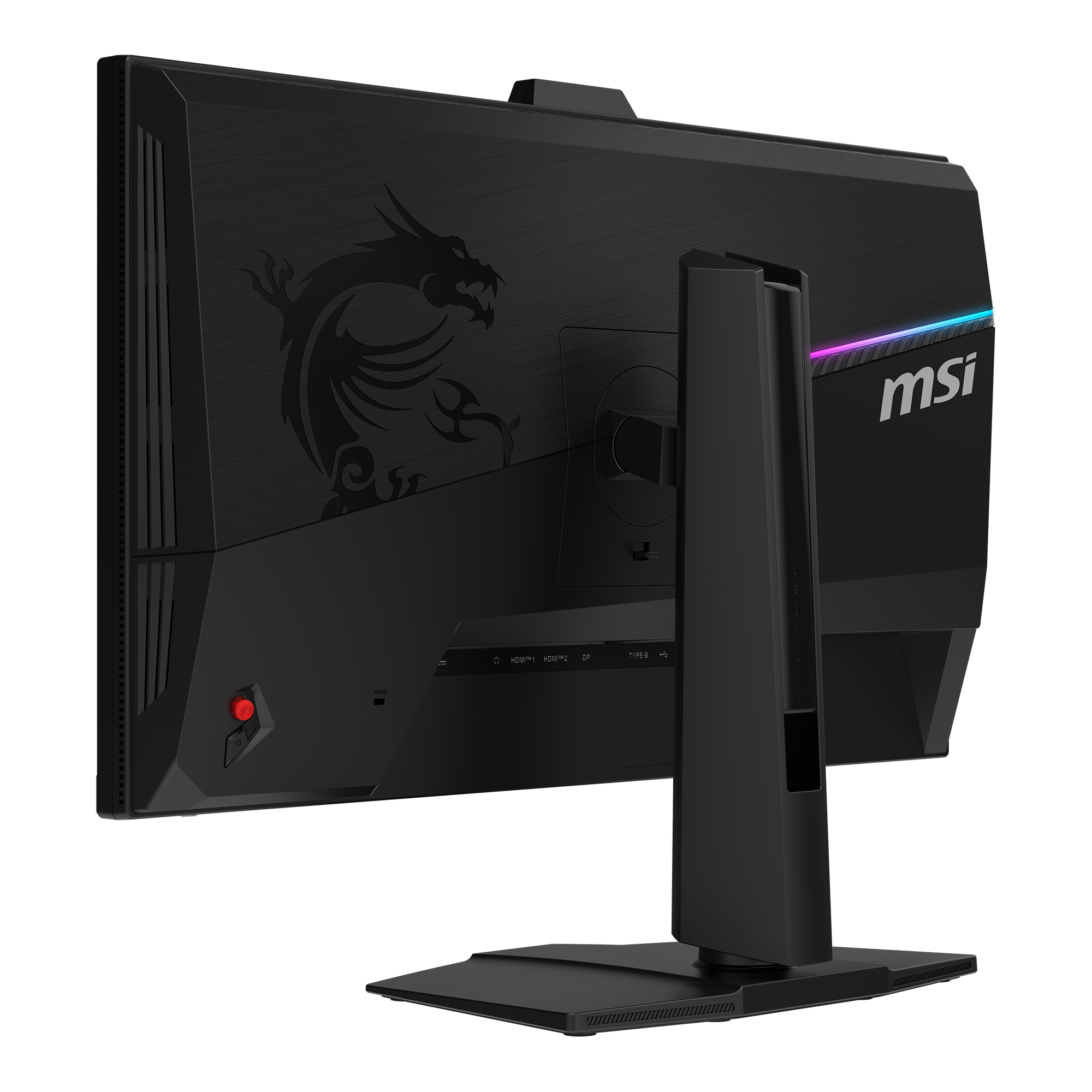 Rückseite eines schwarzen MSI Gaming Monitors mit Drachenlogo und Anschlüssen.
