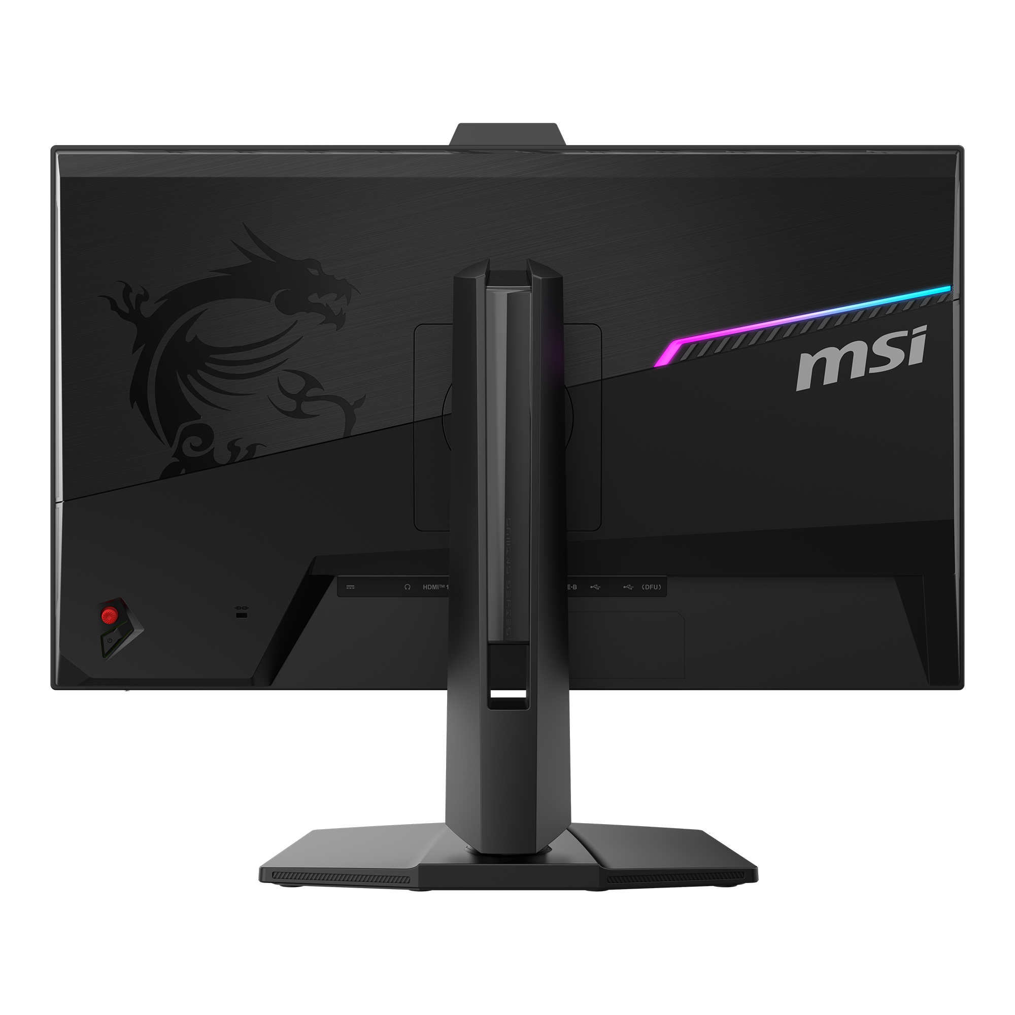 Rückseite eines schwarzen MSI Gaming-Monitors mit Drachenlogo und RGB-Beleuchtung.