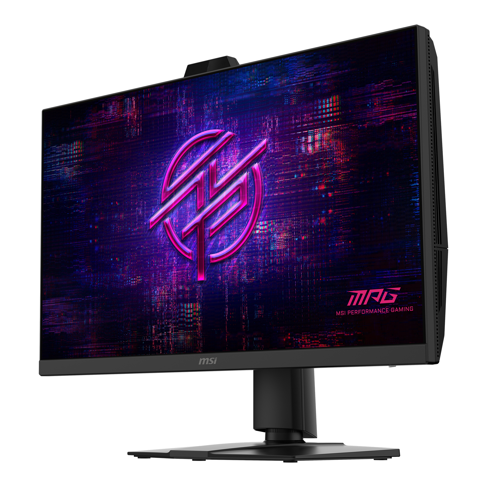 Ein schwarzer MSI Gaming-Monitor mit einem lila, stilisierten Logo und einem digitalen Hintergrund.