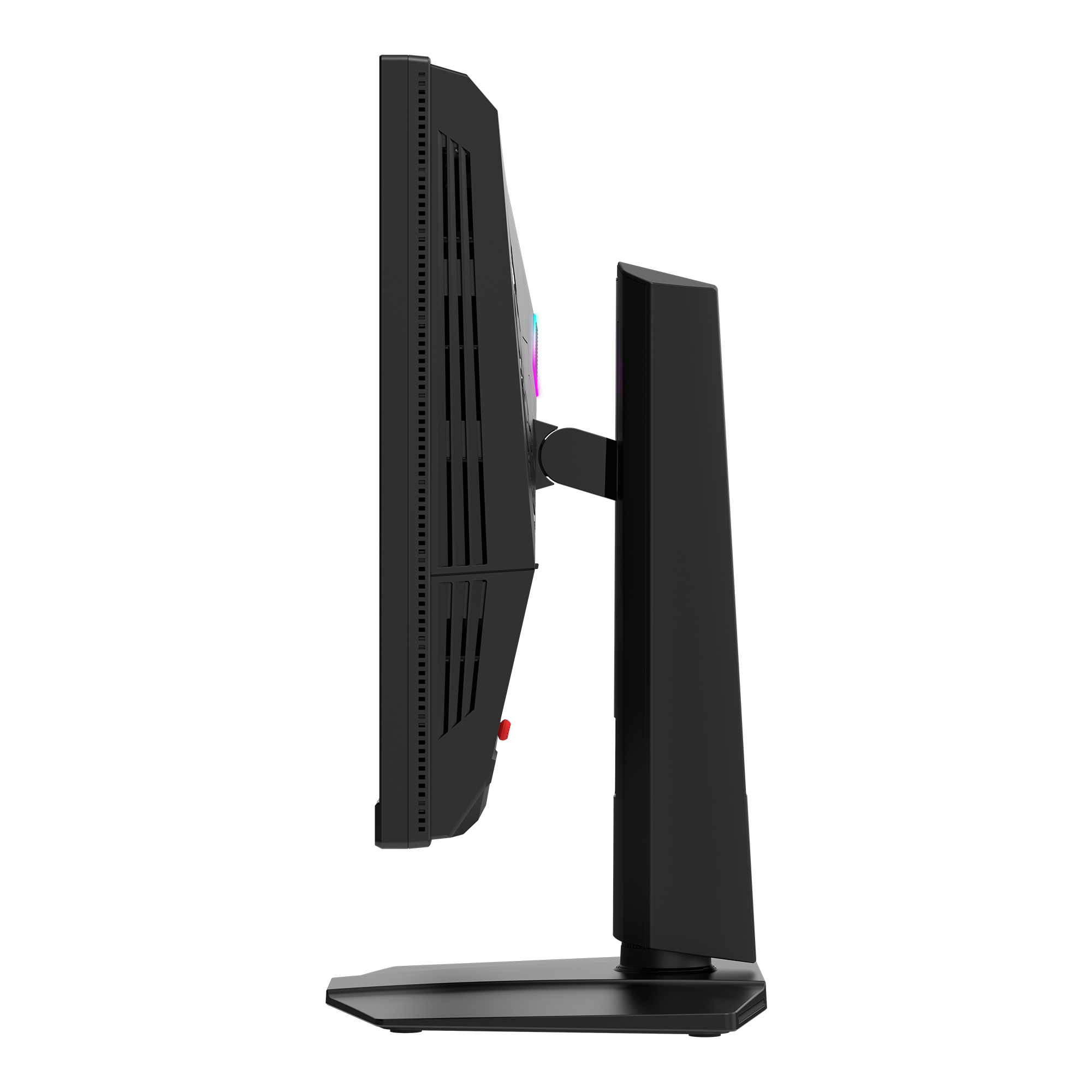 Schwarzer Computermonitor im Profil mit RGB-Beleuchtung am hinteren Gehäuse.