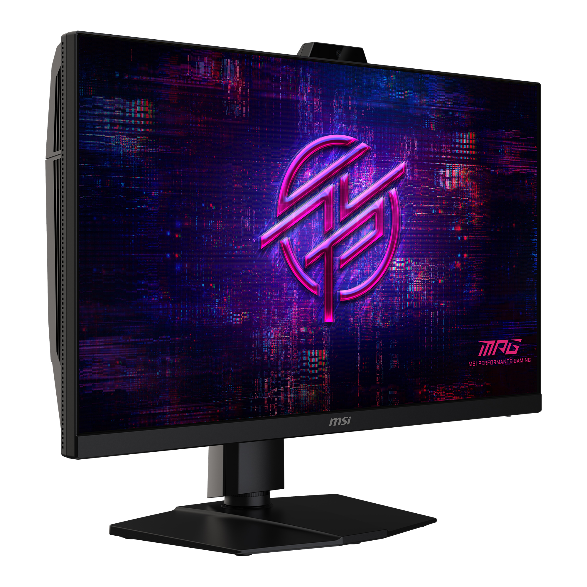 Ein schwarzer Gaming-Monitor mit einem neonpinken Logo auf einem digitalen Hintergrund.