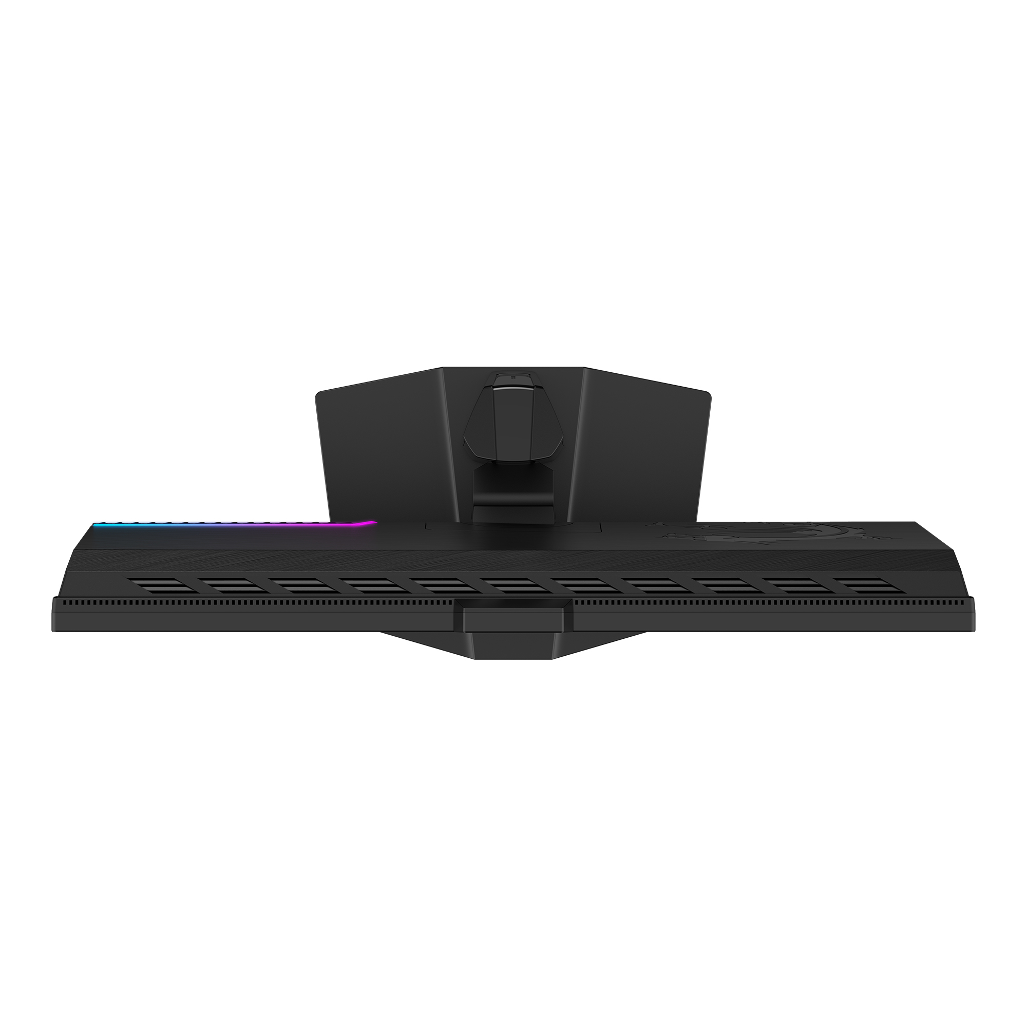 Schwarzer Monitorständer mit RGB-Beleuchtung und Lüftungsschlitzen.
