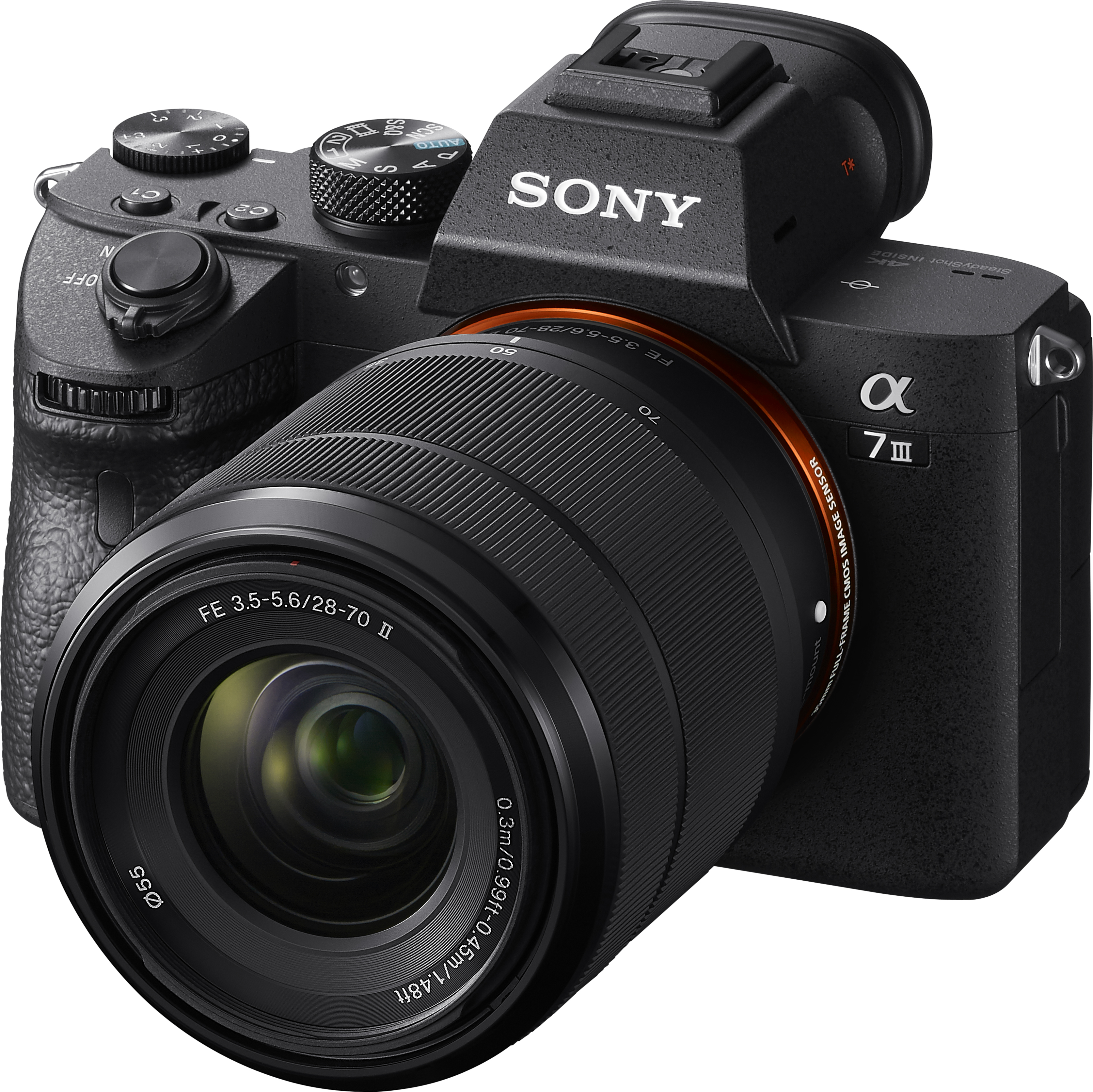 Una fotocamera Sony Alpha 7 III nera con obiettivo. Vista ravvicinata.