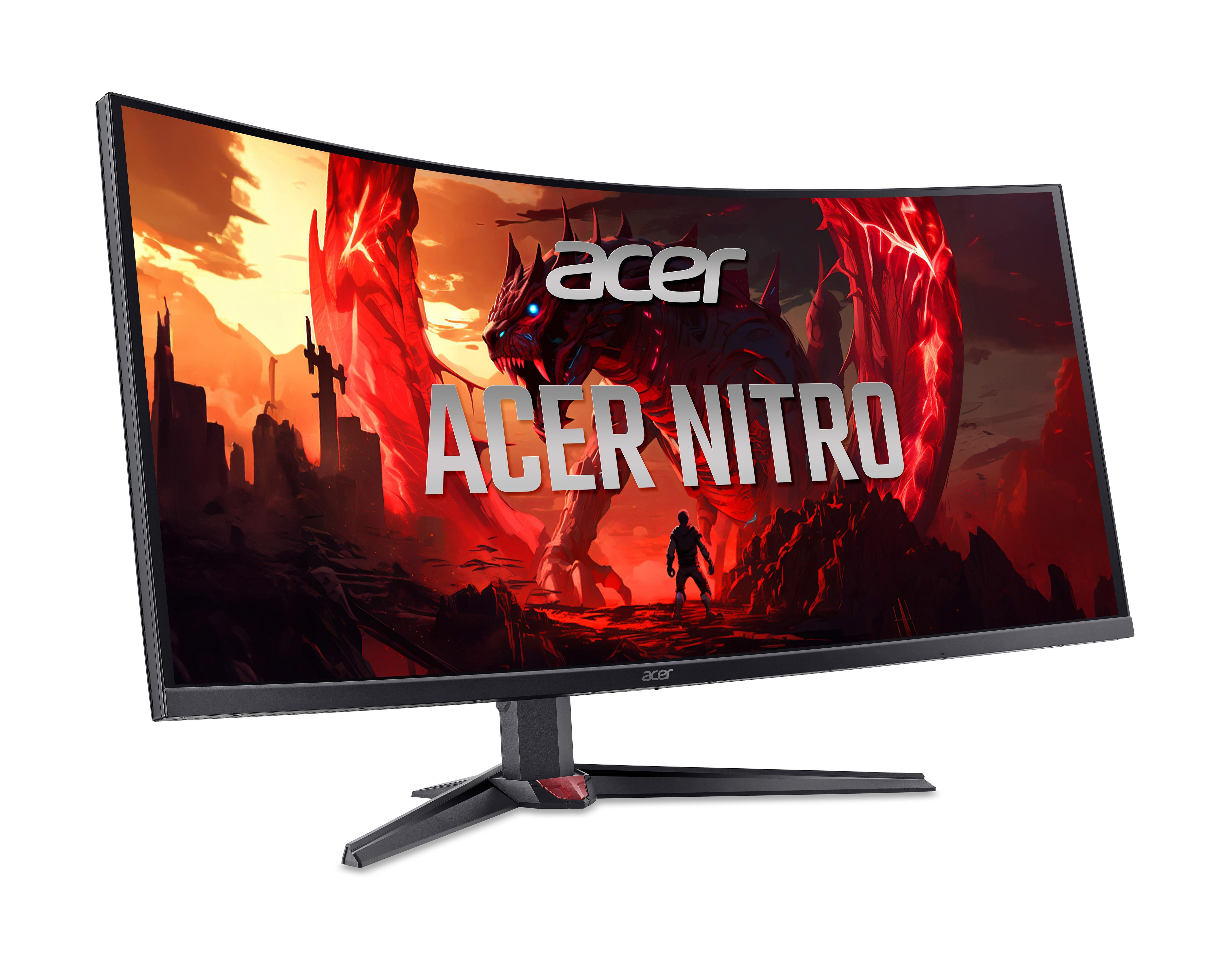 Ein gekrümmter Acer Nitro Gaming-Monitor mit Drachenmotiv.
