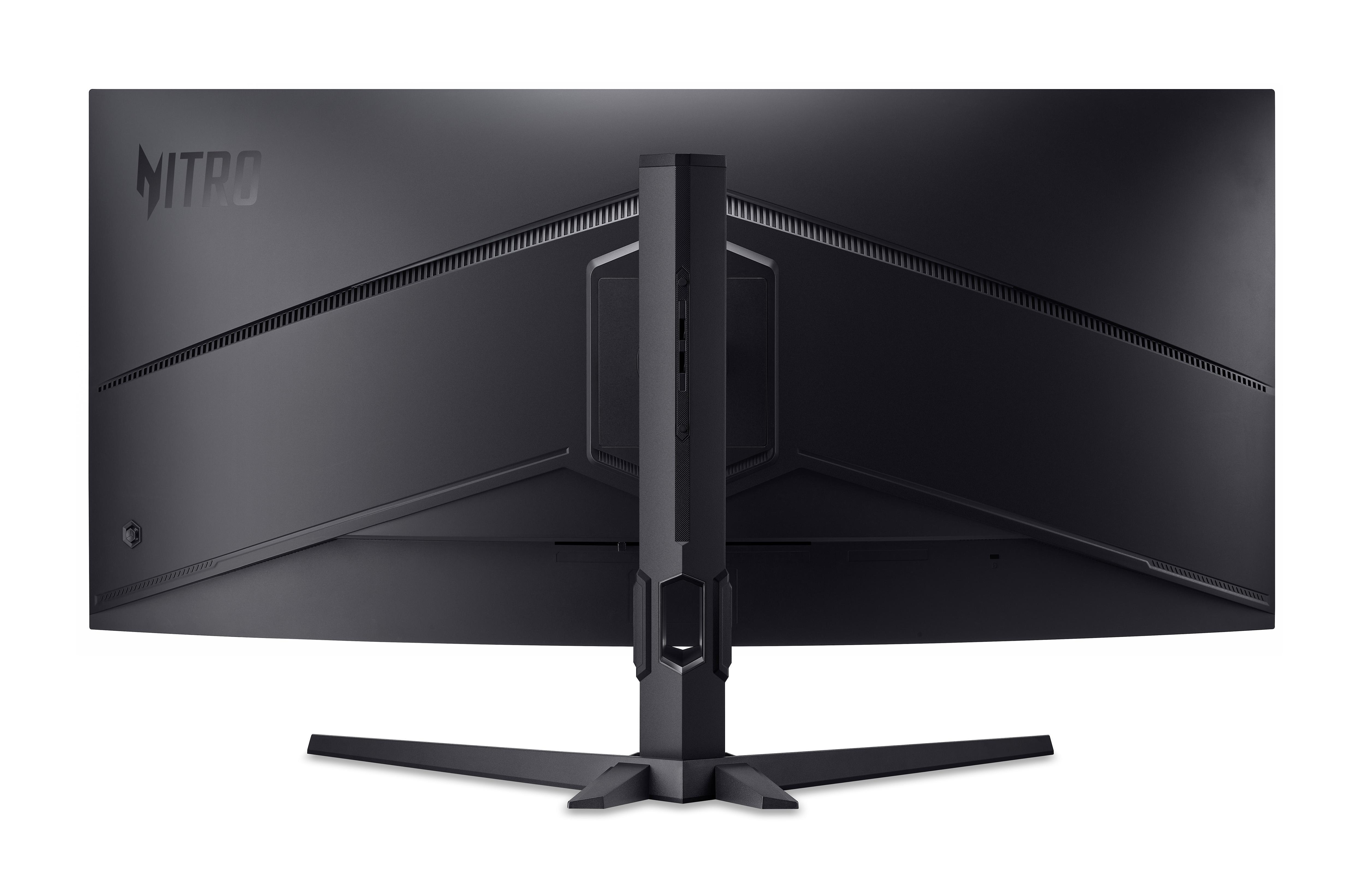 Rückseite eines schwarzen Monitors mit Nitro-Logo und einem Ständer.