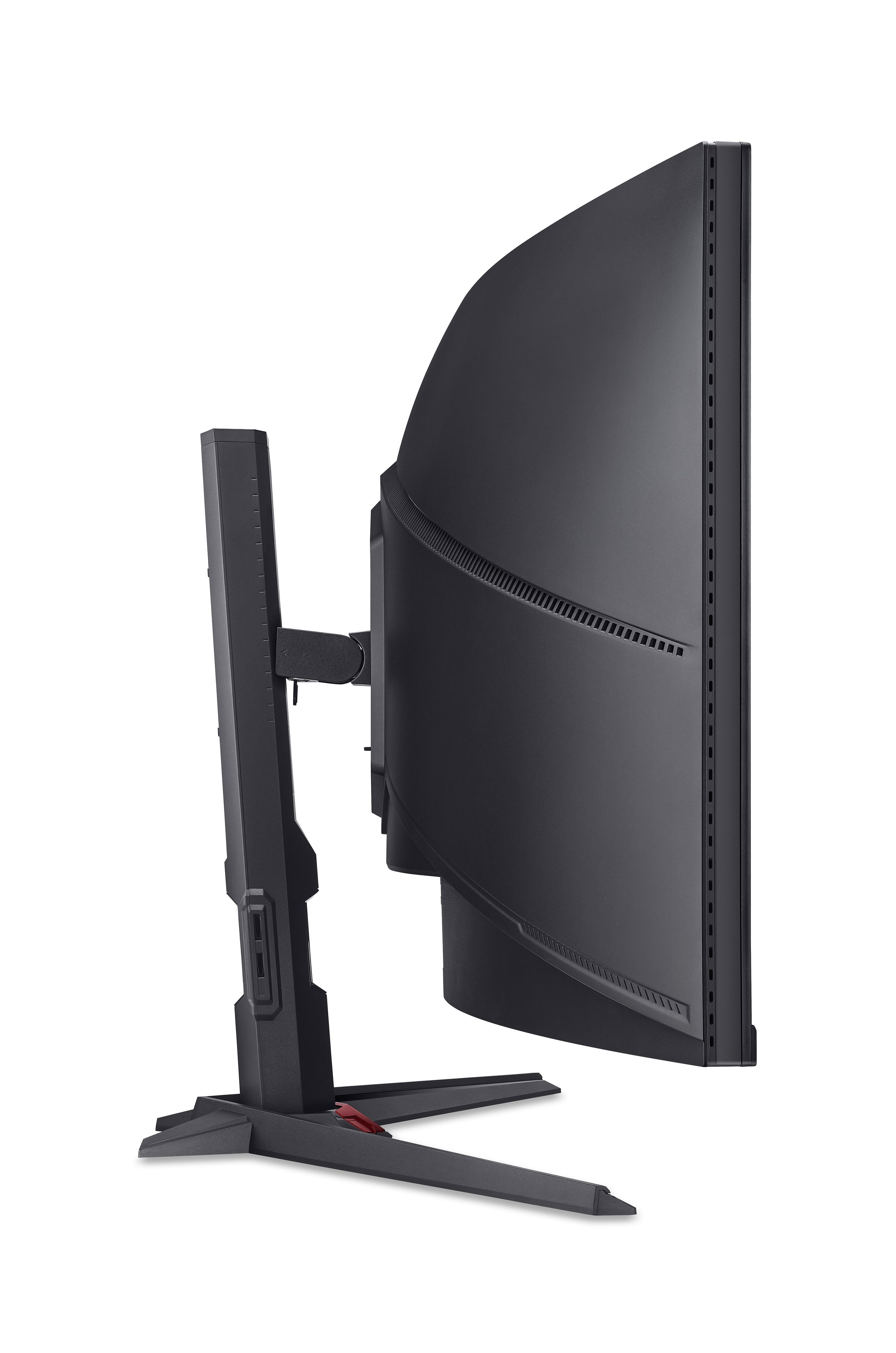 Schwarzer, gekrümmter Computermonitor von der Seite auf einem Ständer.