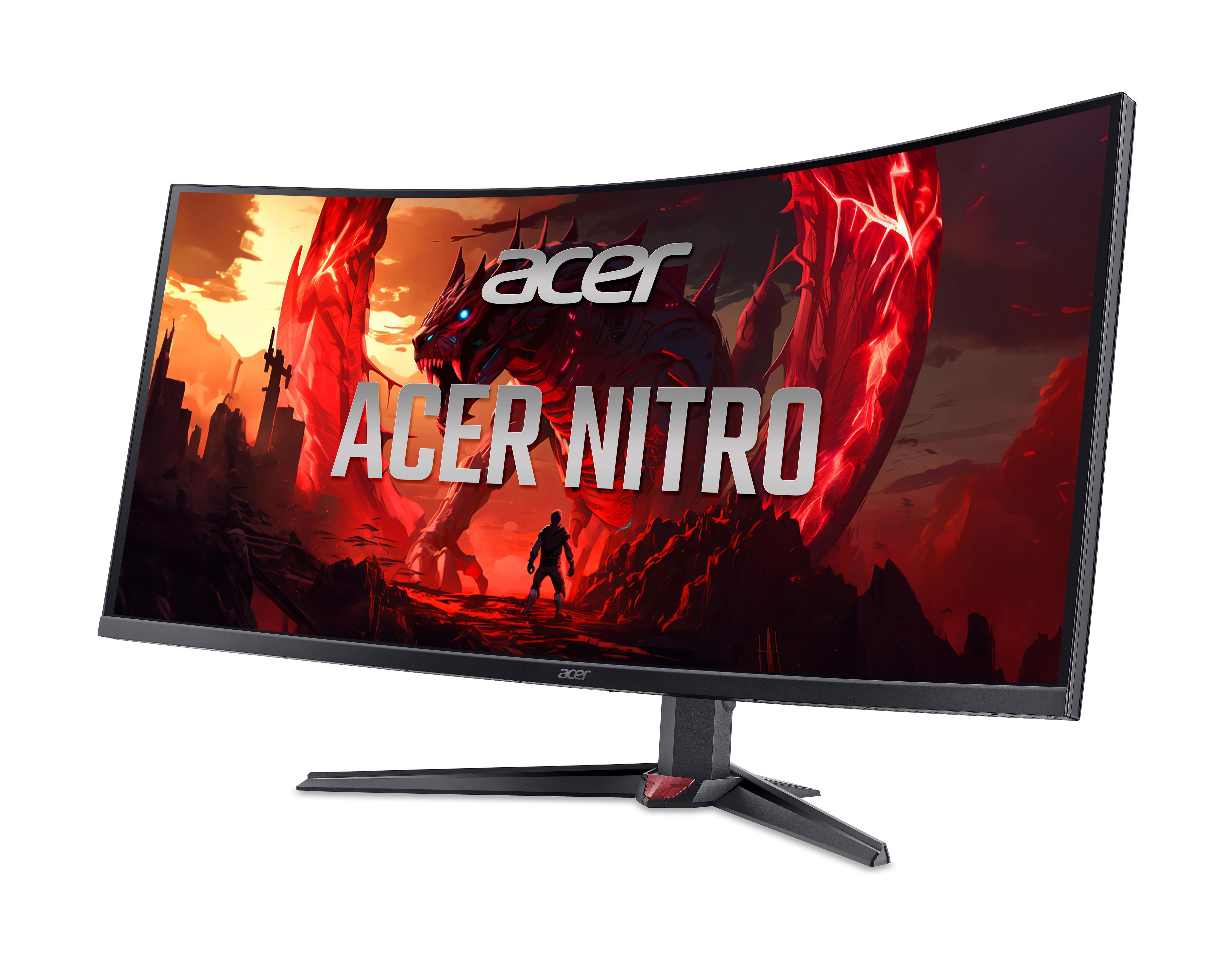 Ein gebogener Acer Gaming-Monitor zeigt einen roten Drachen mit blauen Augen und "ACER NITRO".