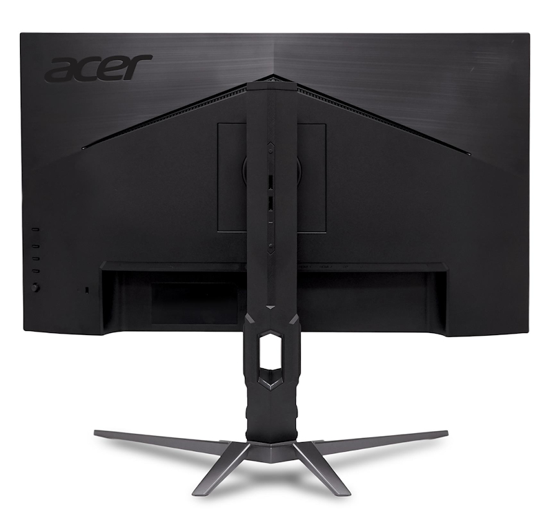 Rückseite eines schwarzen Acer Monitors mit silbernem Ständer und Anschlüssen.