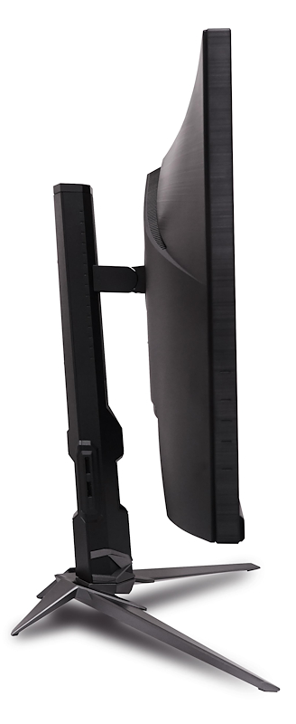Ein schwarzer, gebogener Computermonitor mit einem schlanken Ständer auf weißem Hintergrund.
