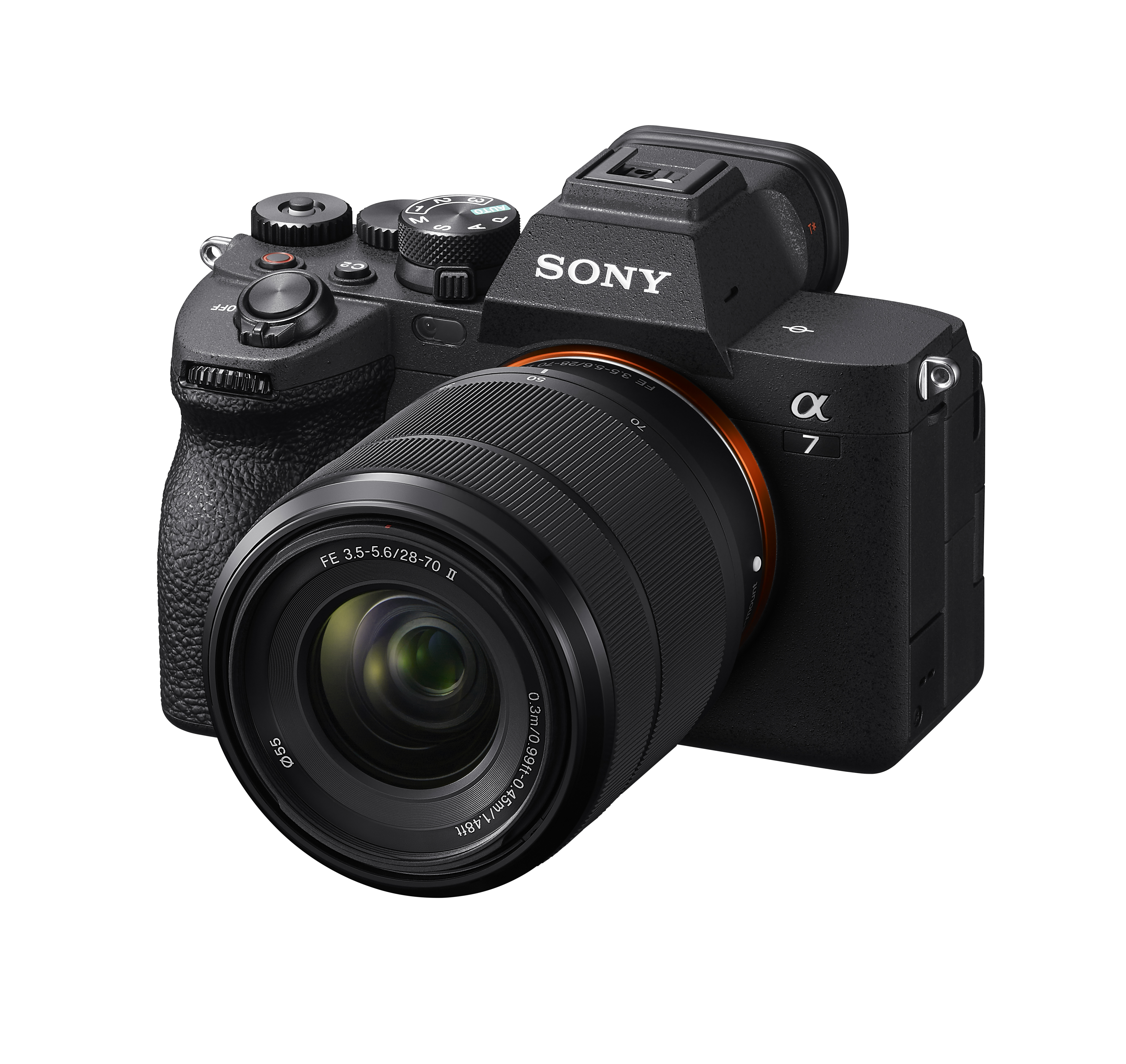 Fotocamera Sony Alpha 7 nera con obiettivo, scritte bianche.