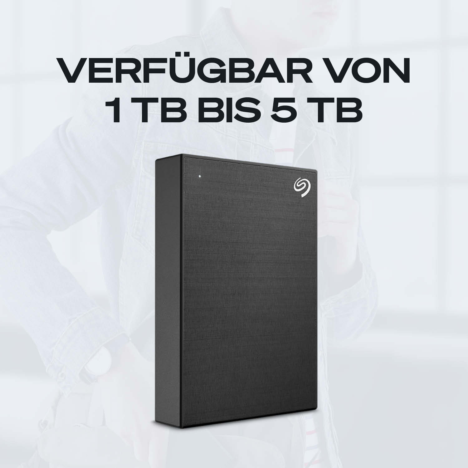 Schwarze externe Festplatte mit Seagate-Logo, 1 TB bis 5 TB.