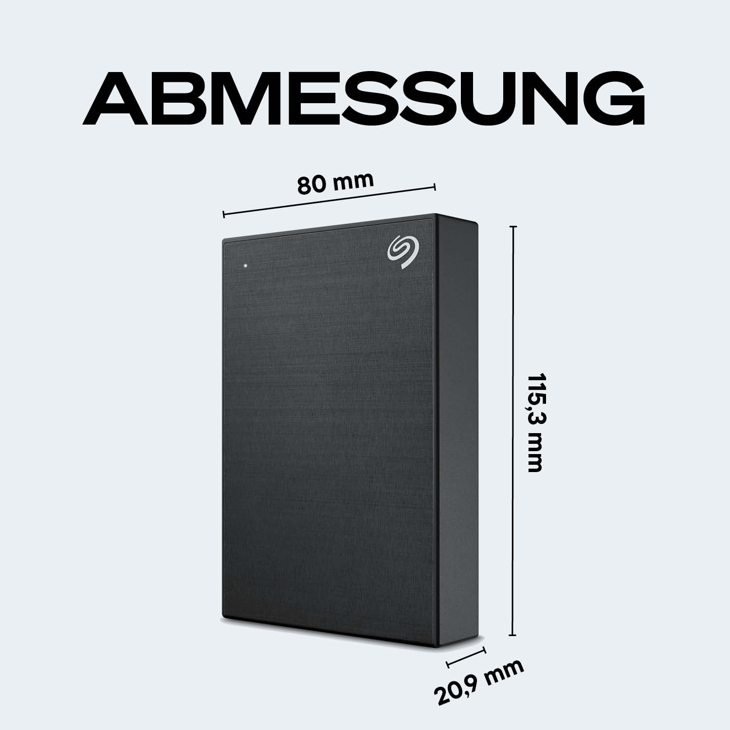 Schwarze externe Festplatte mit Abmessungen, Seagate-Logo und Text 'ABMESSUNG'.