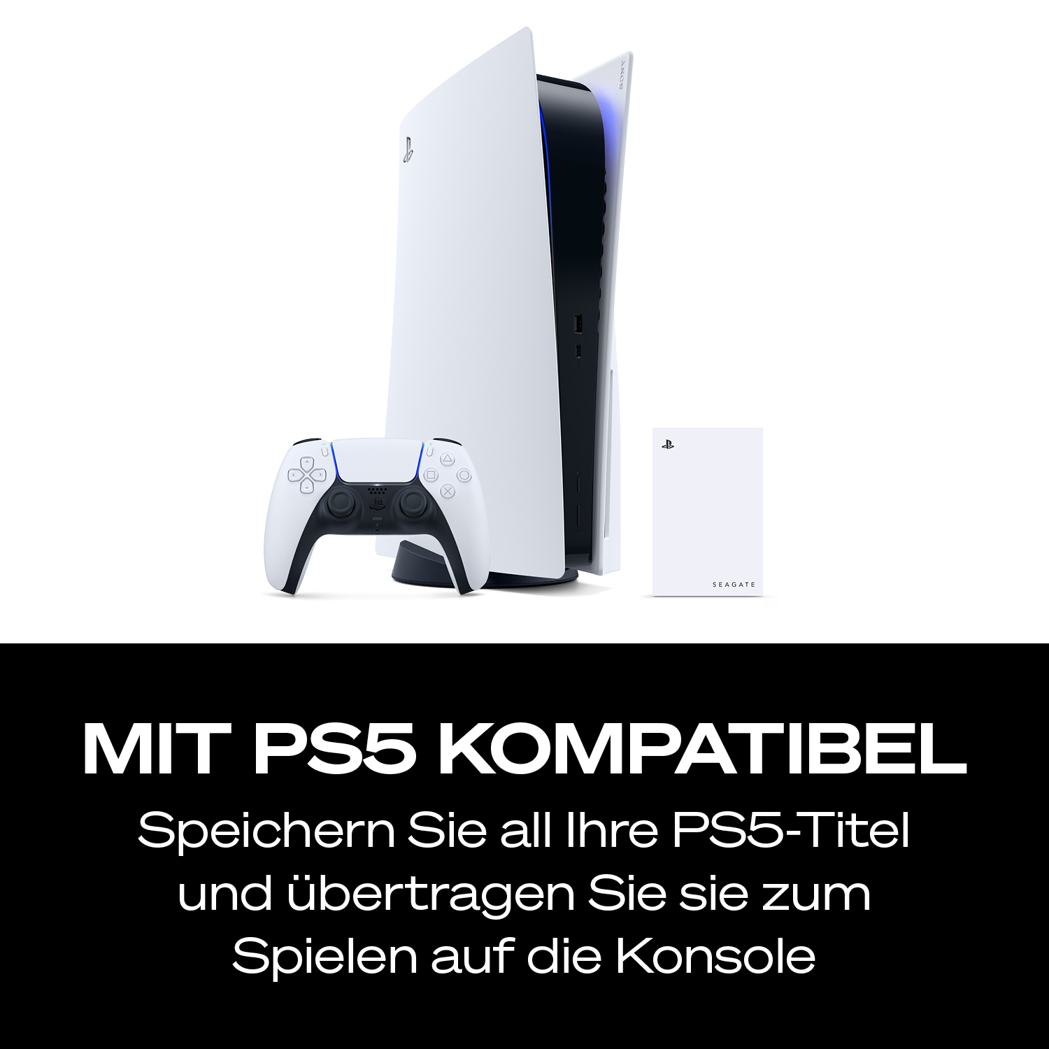 PS5 Konsole, Controller und Seagate Speichermodul auf weißem Hintergrund.
