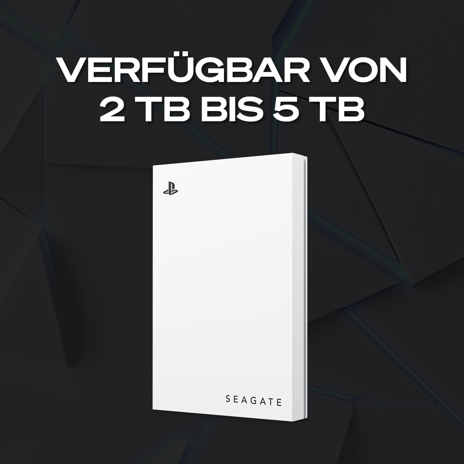Weiße Festplatte mit PlayStation-Logo. Verfügbar von 2 TB bis 5 TB.