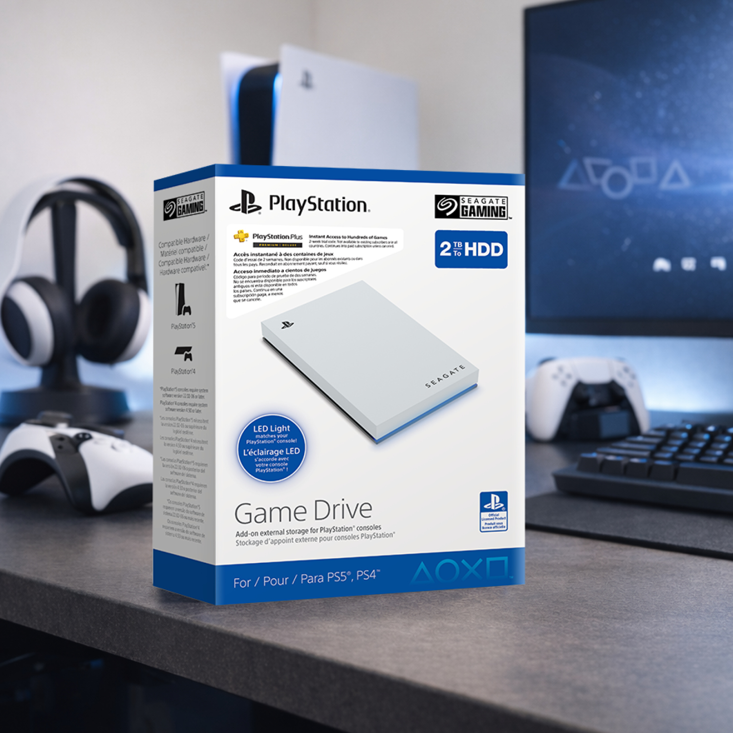 Seagate Game Drive für PlayStation mit 2 TB HDD, daneben Controller und Konsole.