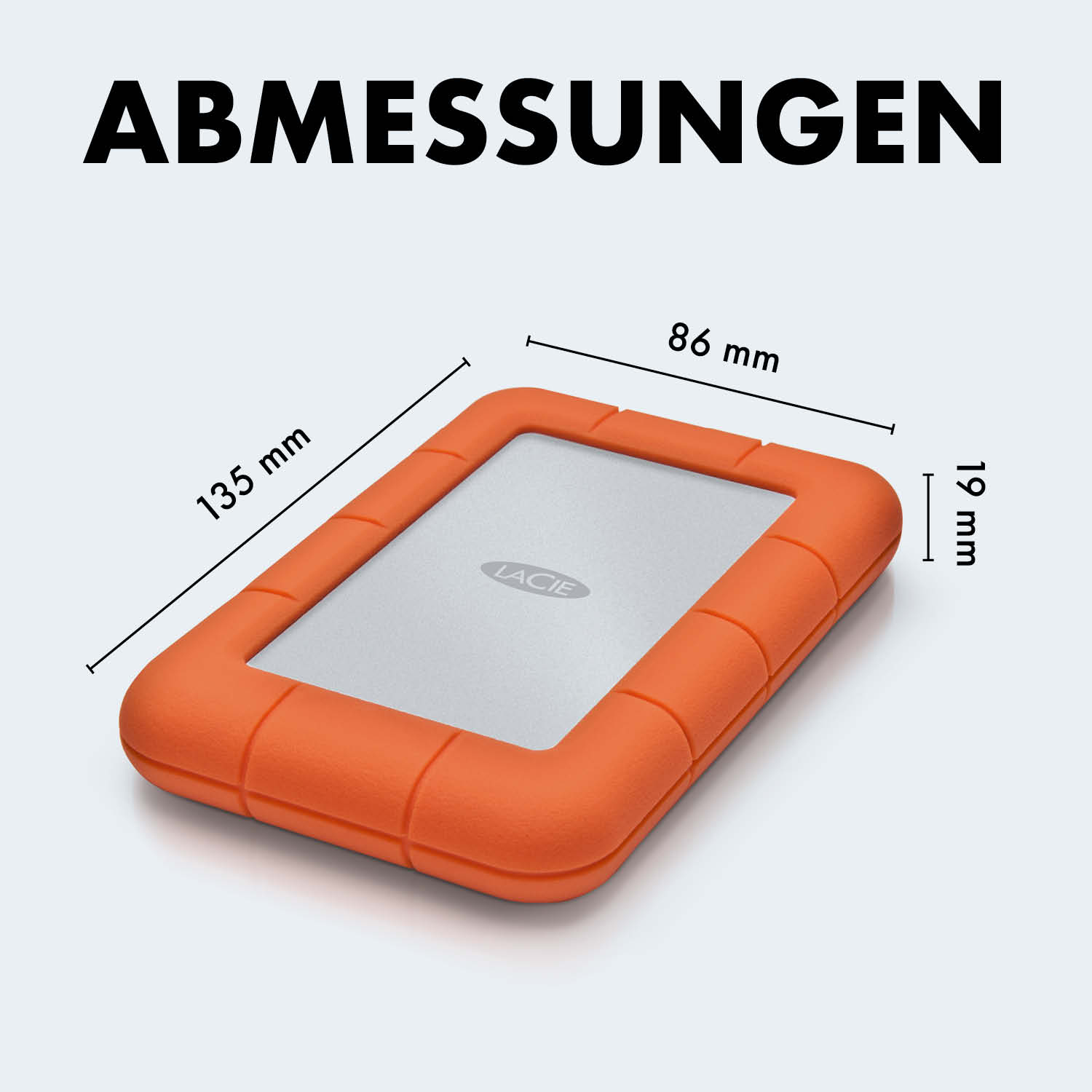 Ein orangefarbenes LaCie-Laufwerk mit Maßen 135 mm x 86 mm x 19 mm.