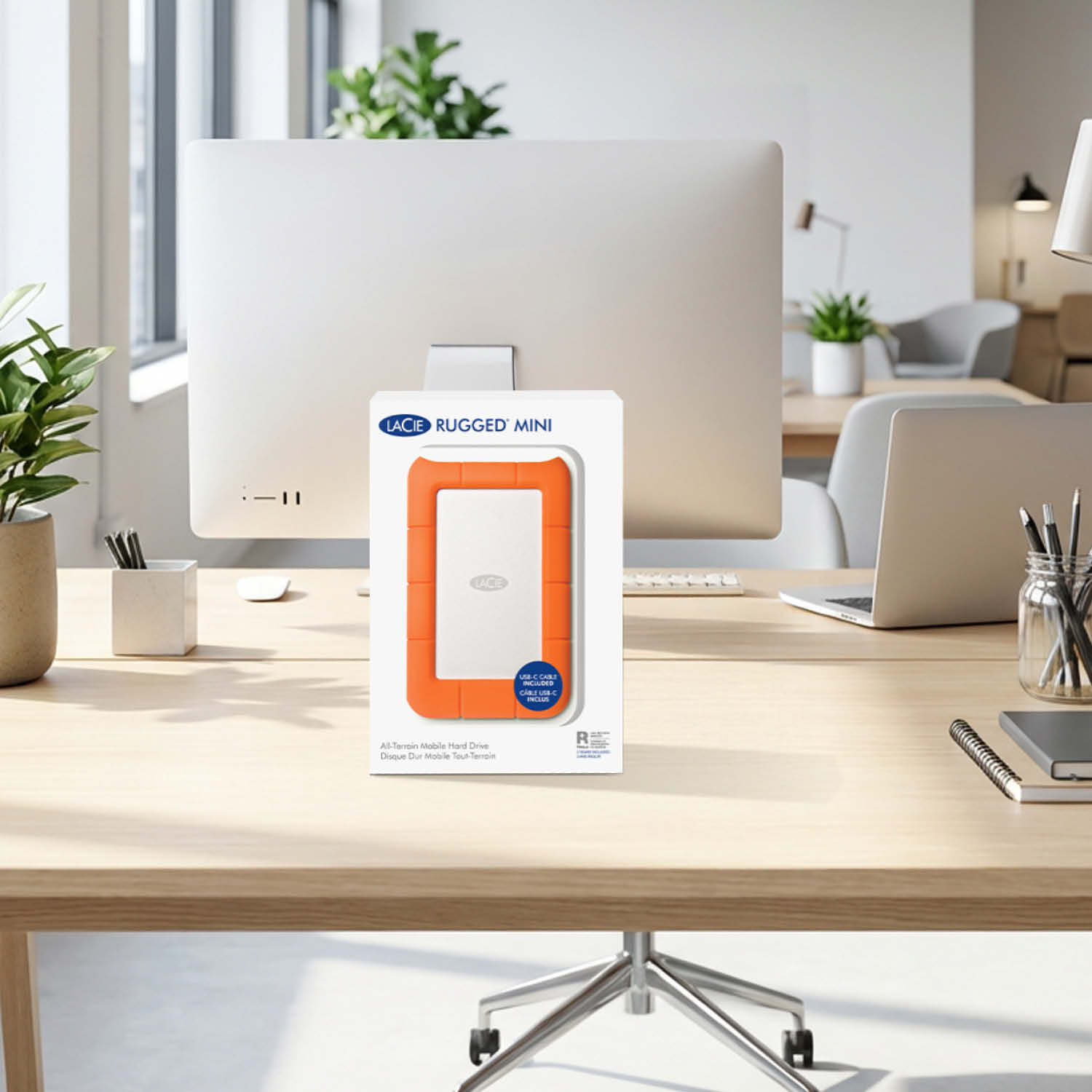 Ein oranges LaCie Rugged Mini externes Laufwerk auf einem Schreibtisch.