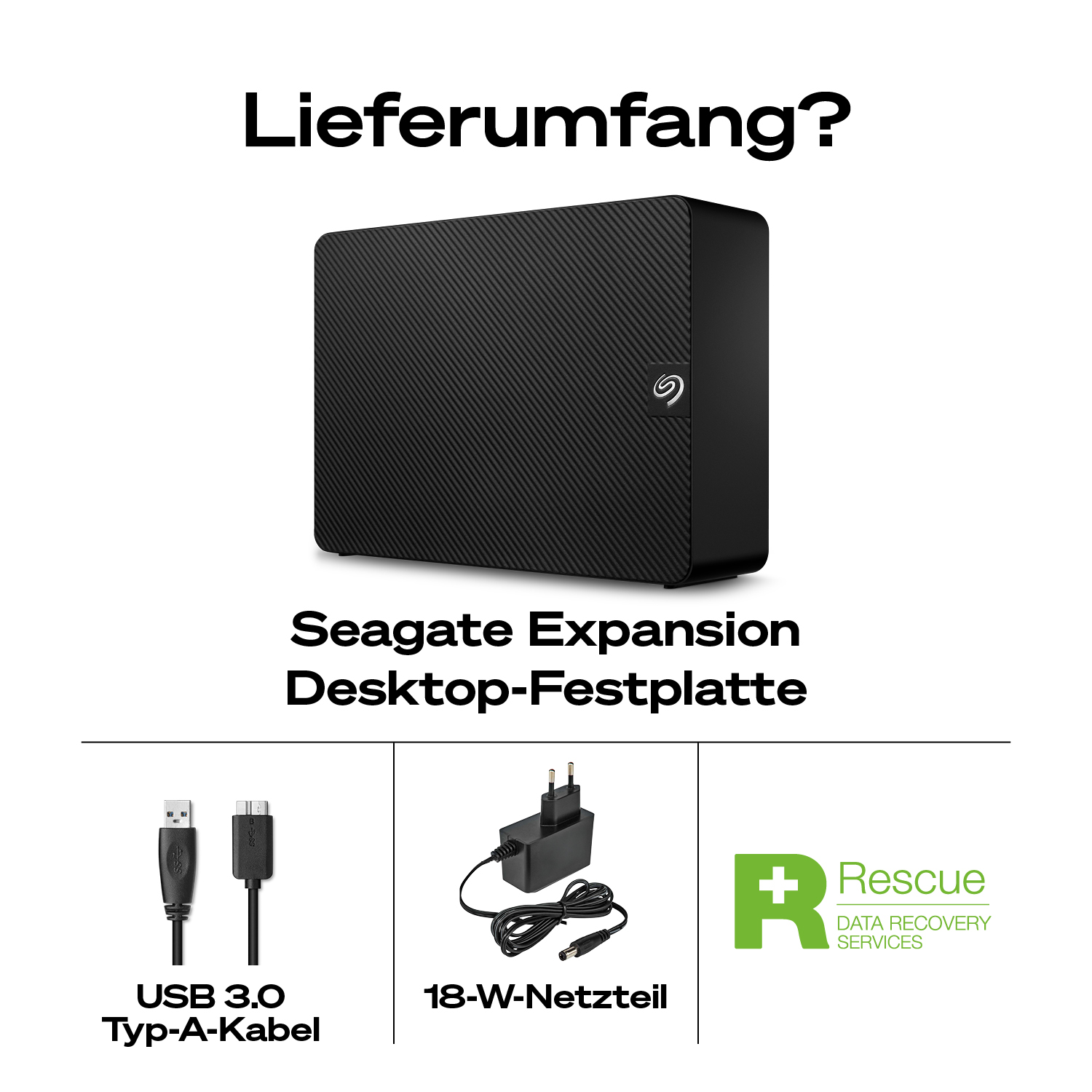 Seagate Expansion Desktop HDD mit USB-Kabel, Netzteil und Rescue Data Recovery Services Logo.