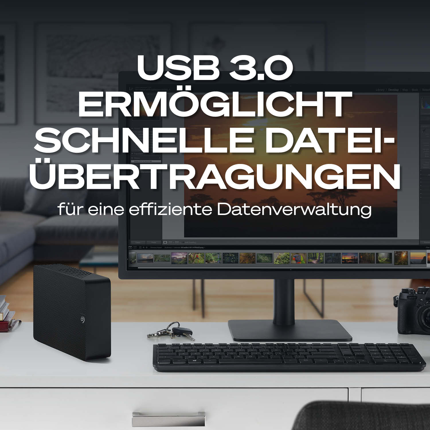Ein externer Speicher, Tastatur, Schlüssel und Kamera auf einem Schreibtisch.
