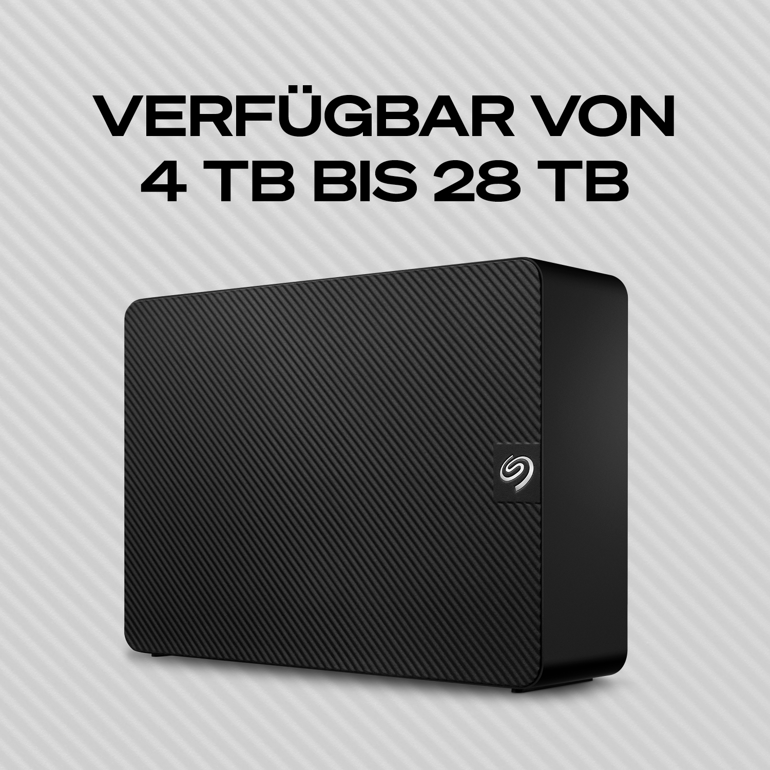 Schwarzes externes Speicherlaufwerk mit Karbonfaser-Textur und Seagate-Logo.