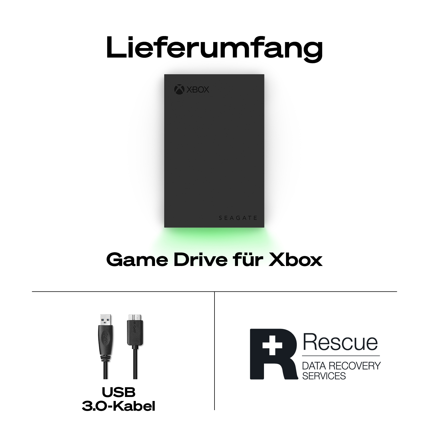 Lieferumfang: Xbox Game Drive, USB 3.0 Kabel, Datenrettungsservice.