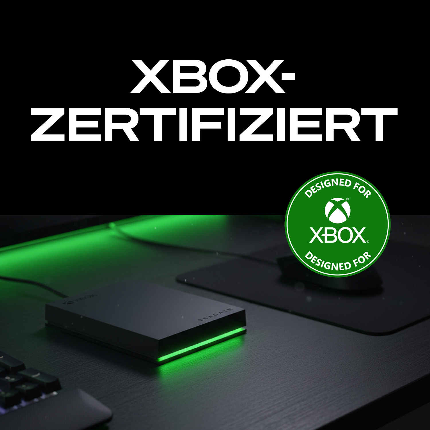 Ein schwarzes Speichermedium mit grüner LED-Beleuchtung steht auf einem Schreibtisch.
