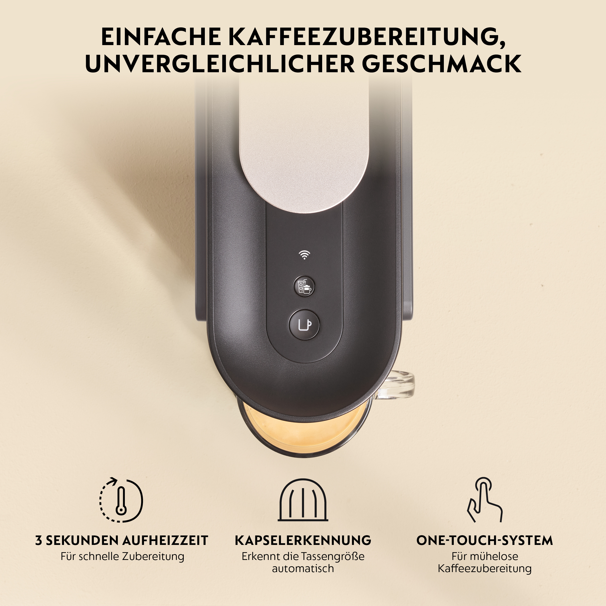 Kaffeemaschine mit Tasse, 3s Aufheizzeit, Kapselerkennung, One-Touch.