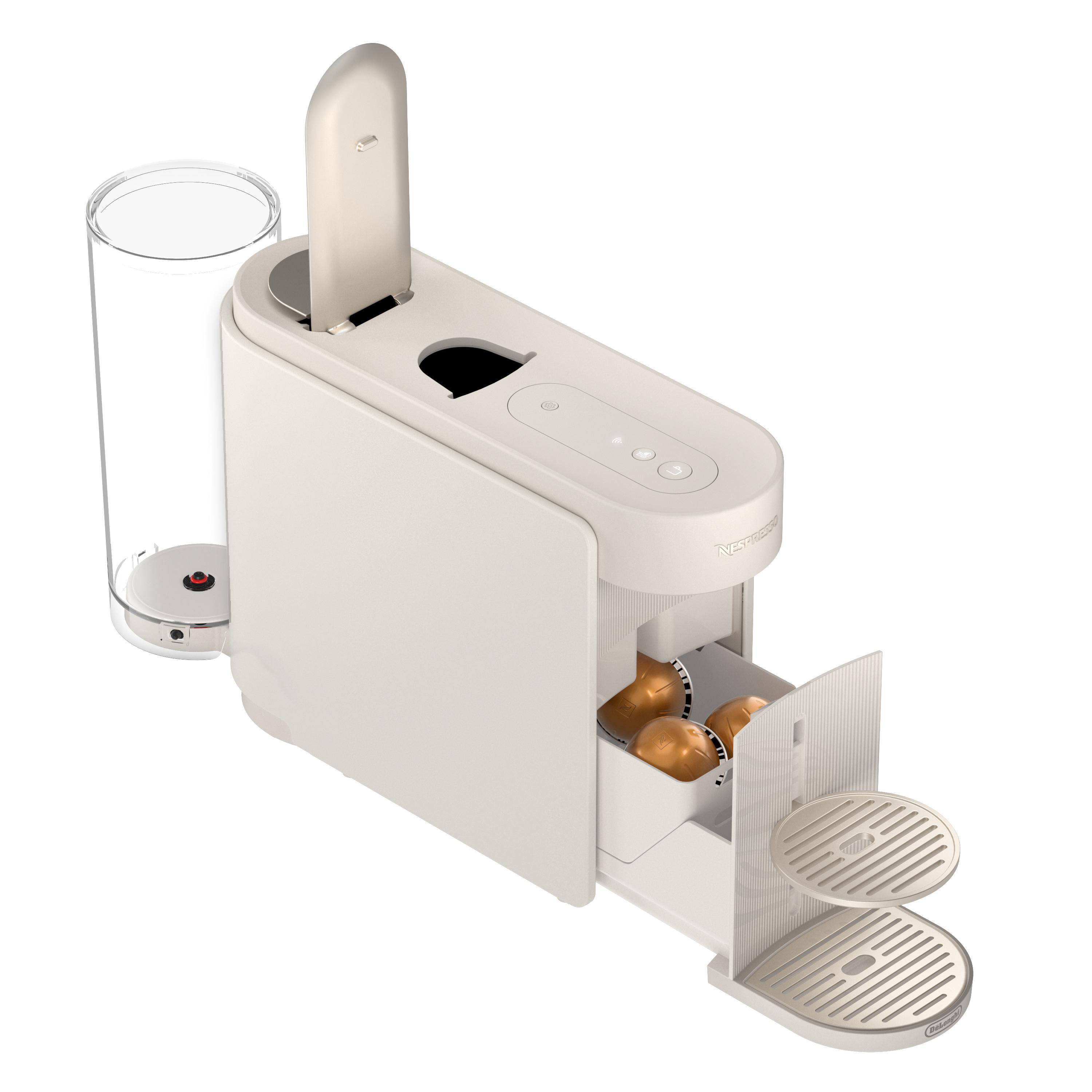 Eine beige Kaffeemaschine mit Wassertank, Kapselschublade und Tropfschale.