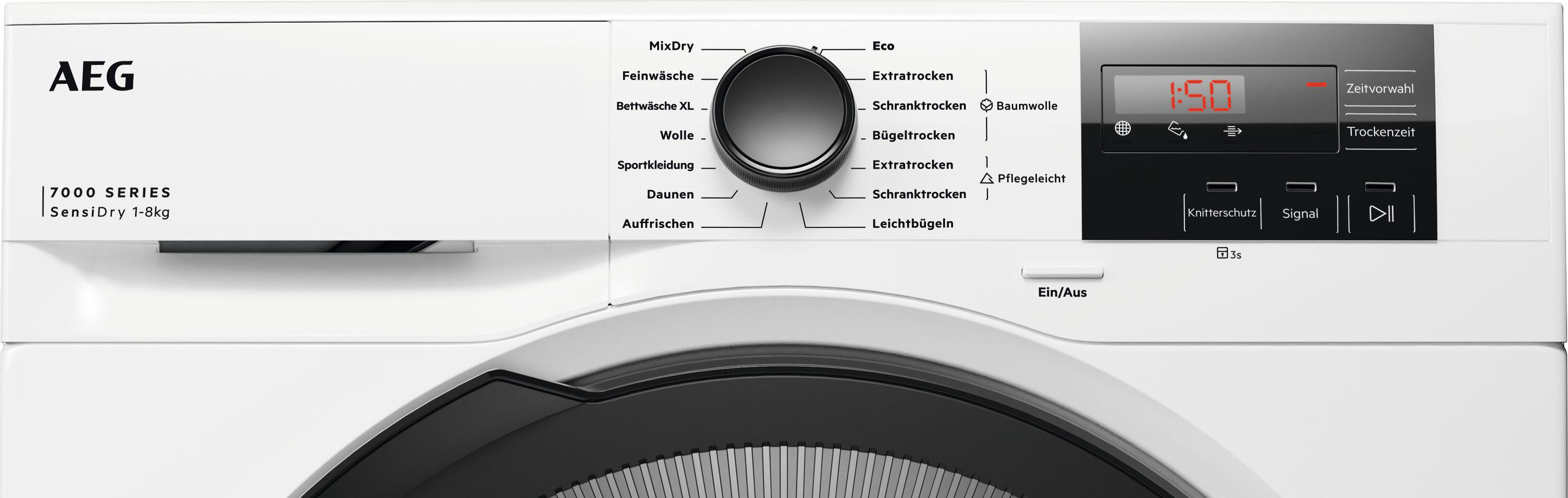 Weiße AEG Wäschetrockner mit digitalem Display und Programmauswahl.