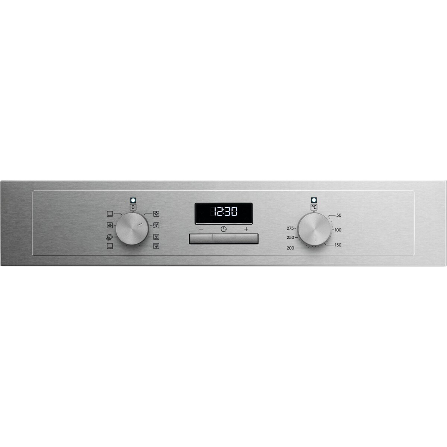 Pannello di controllo forno in acciaio inox con display digitale e manopole per temperatura e funzioni.
