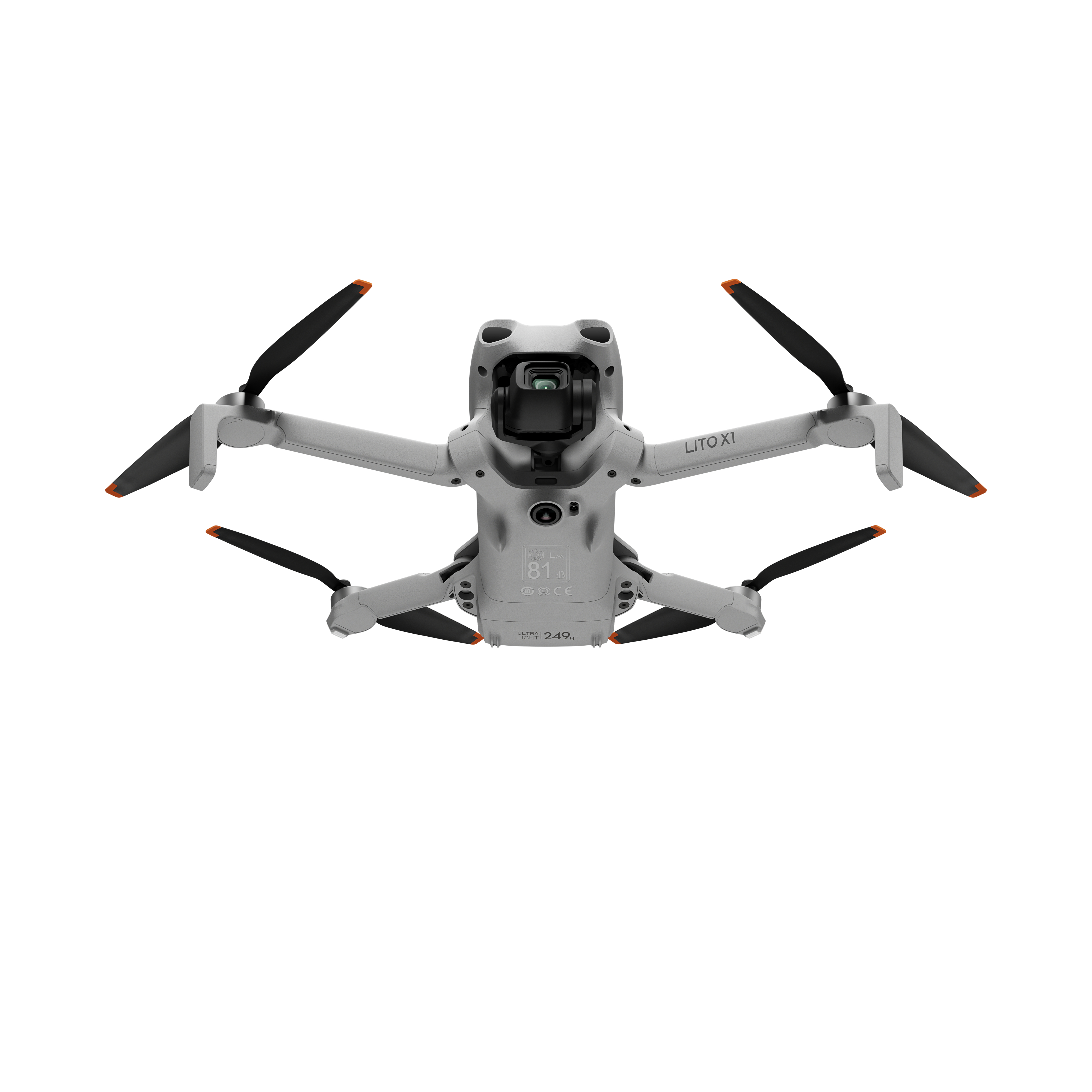 Ein graues LITO X1 Drohnenmodell mit schwarzen Propellern und orangefarbenen Spitzen.