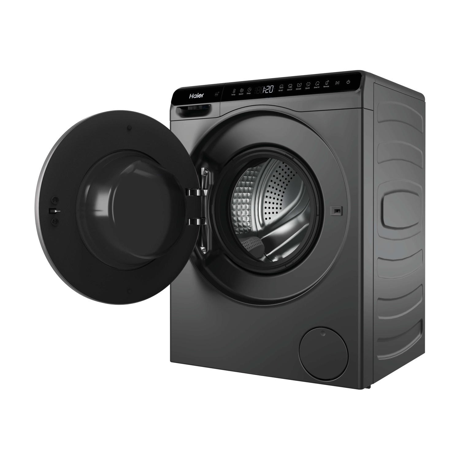 Lavatrice nera con porta aperta, display digitale e logo Haier.