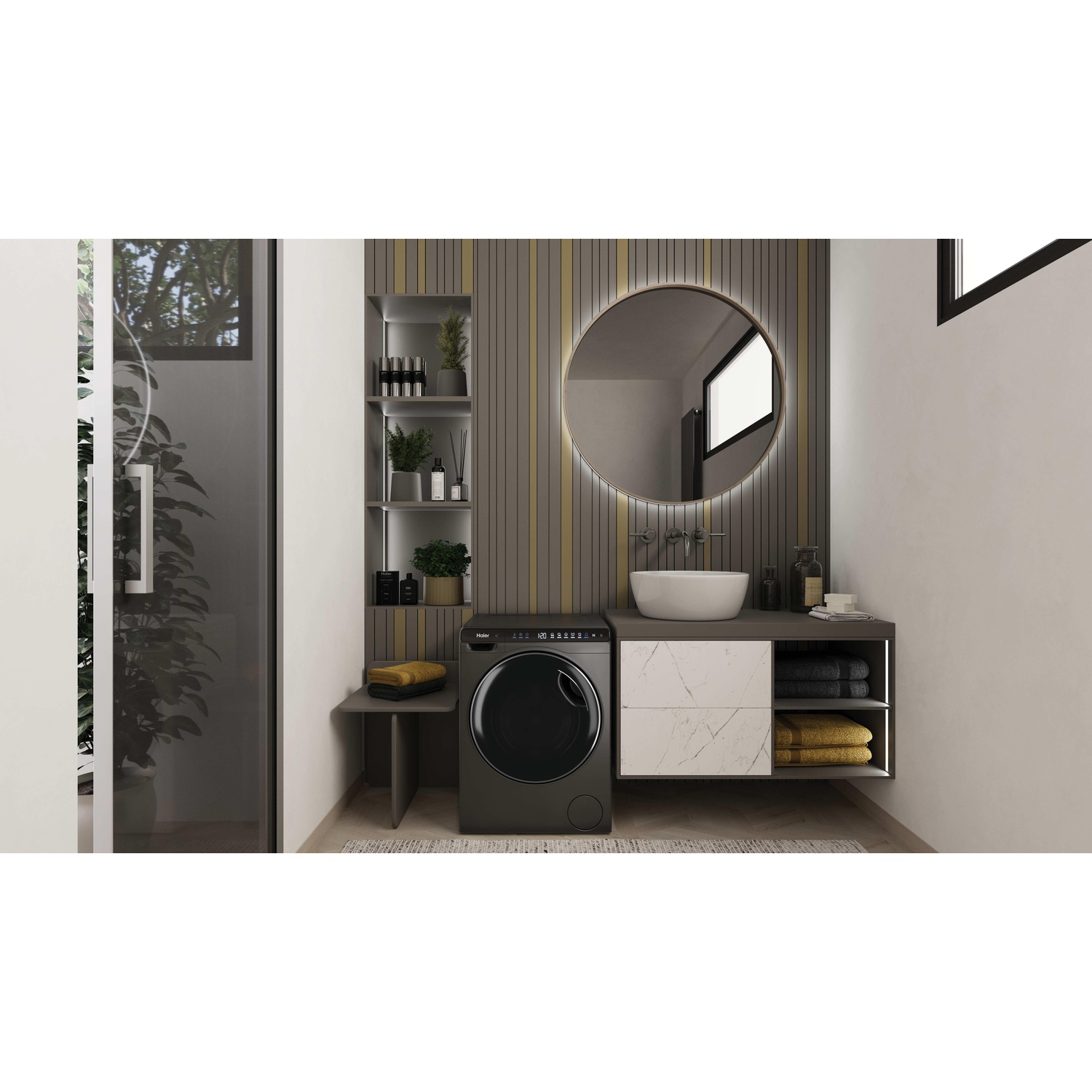 Bagno moderno con lavatrice, lavandino e specchio circolare.