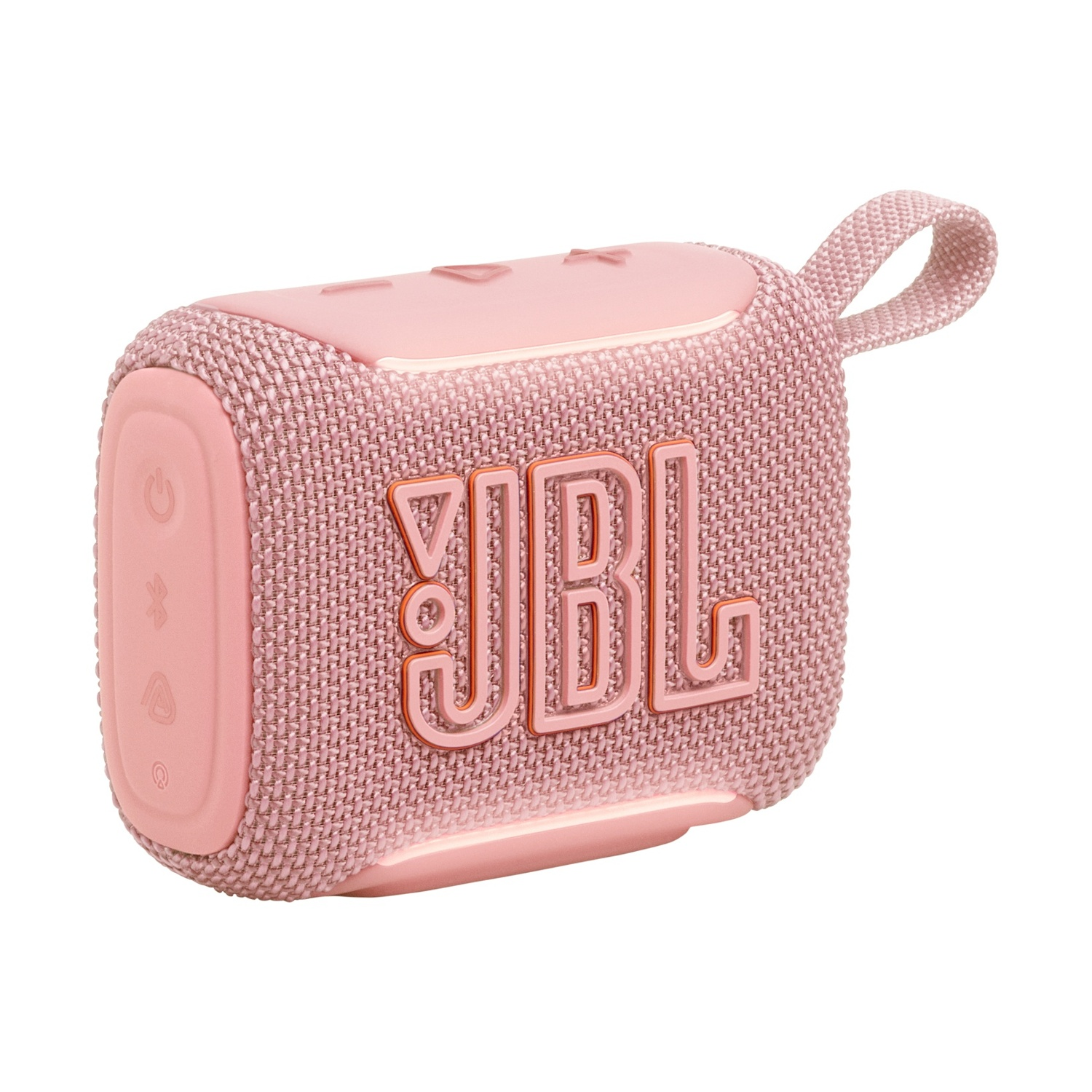 Un piccolo speaker JBL rosa con tracolla, su sfondo bianco.