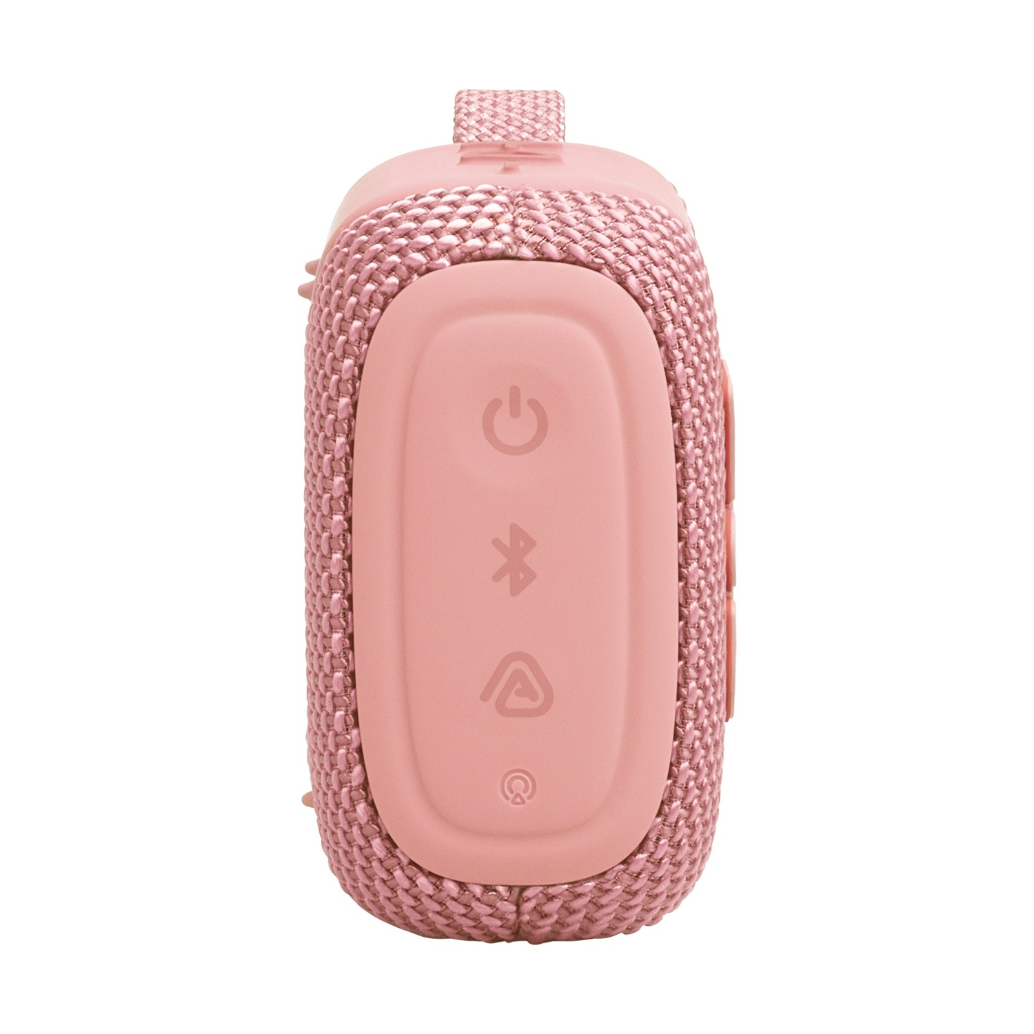 Un piccolo altoparlante Bluetooth rosa con pulsanti di controllo.