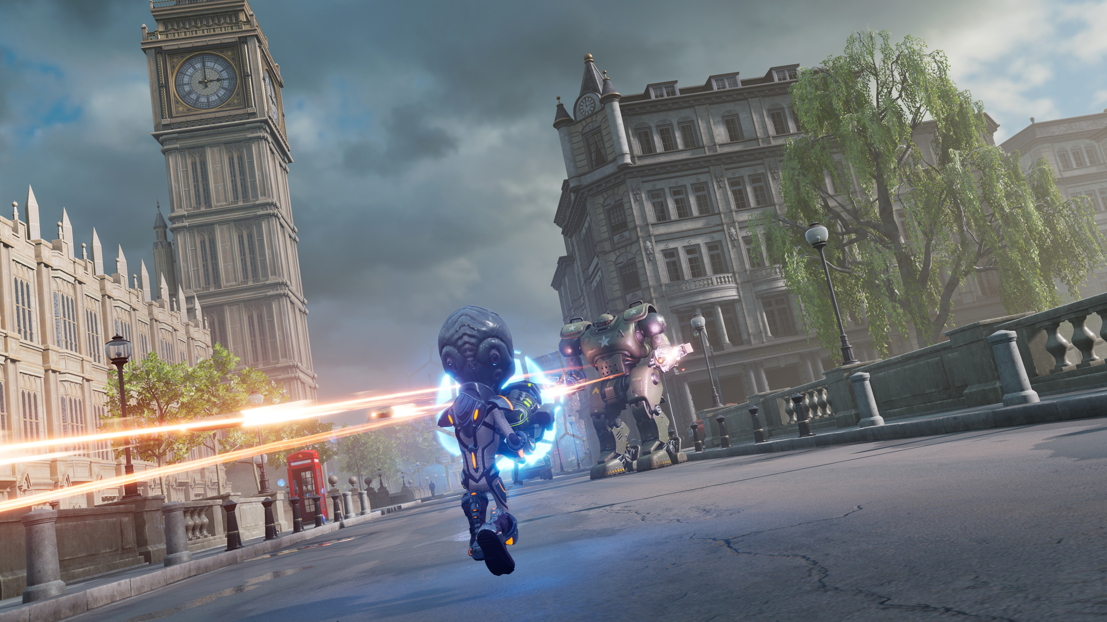 Alien feuert Waffe auf Roboter in der Nähe von Big Ben. Futuristischer Kampf in London.