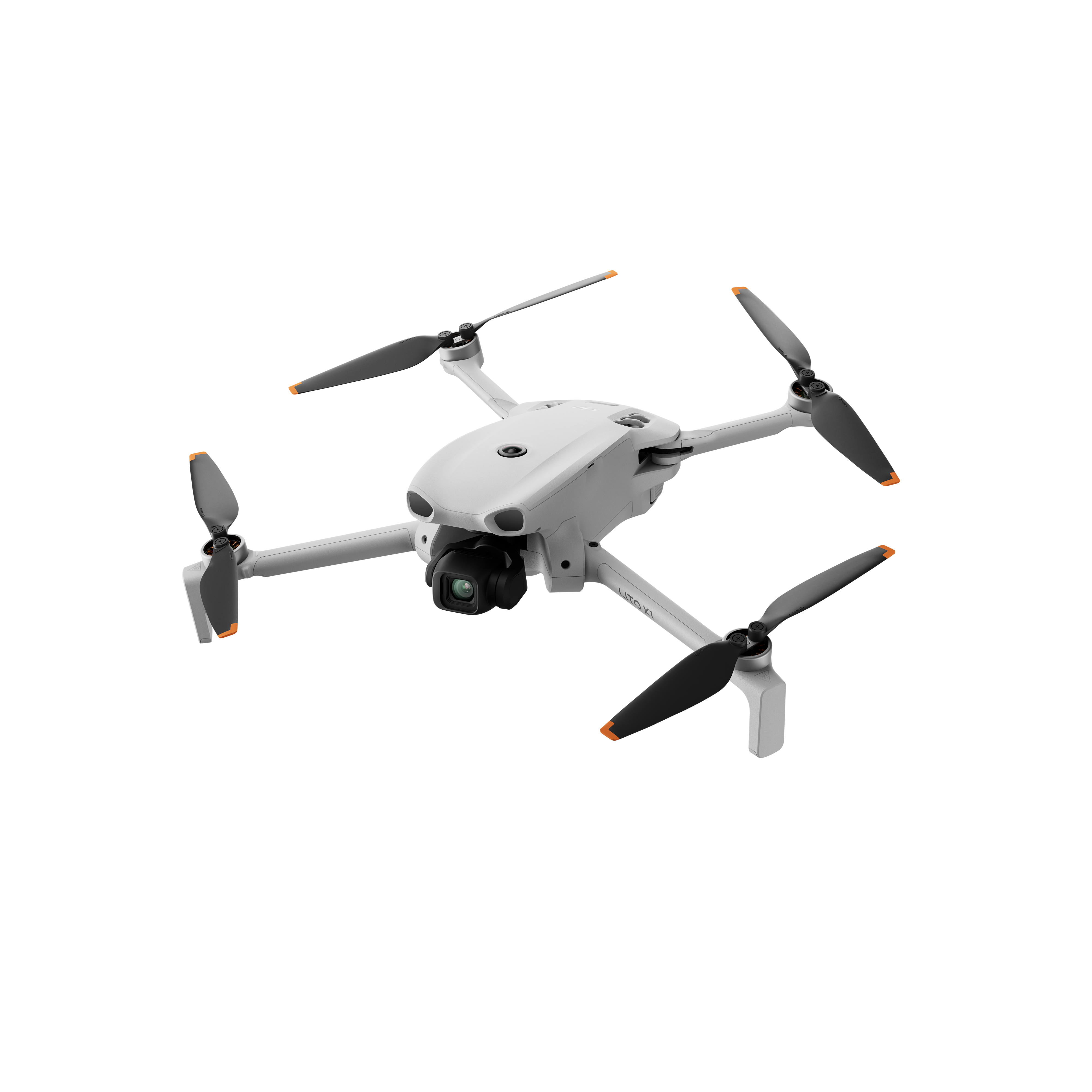 Ein weier Quadrocopter mit schwarzen Propellern und orangen Spitzen.
