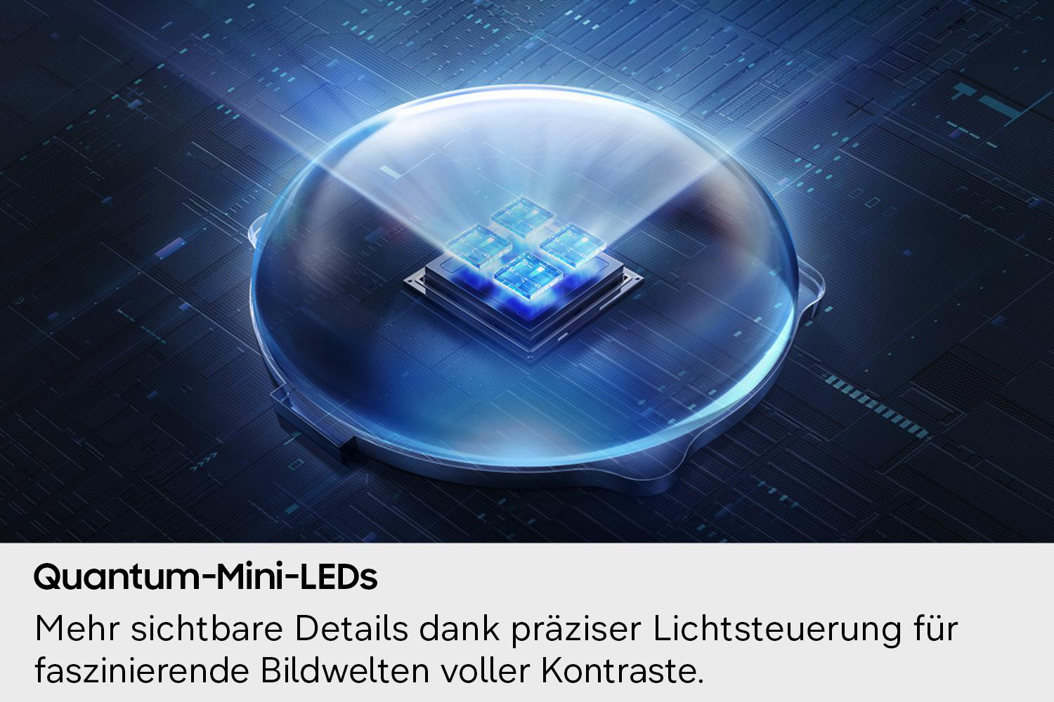 Vier leuchtende blaue Würfel auf einem Chip unter einer Glaskuppel.